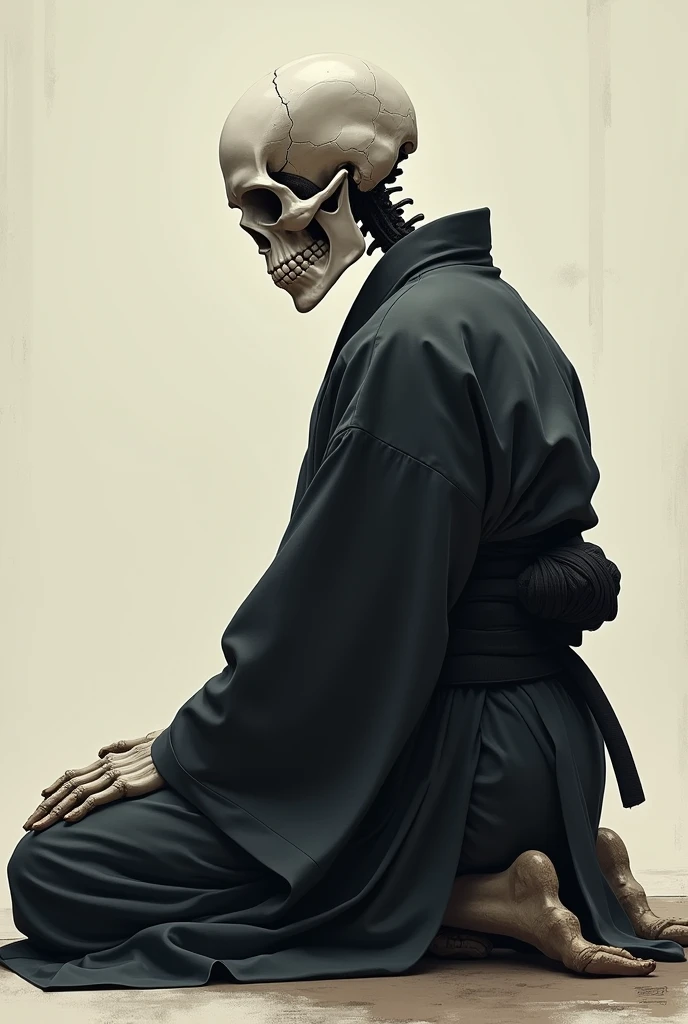 skeleton with stick in his hands. He wear HAKAMA, Japanese traditional wear.