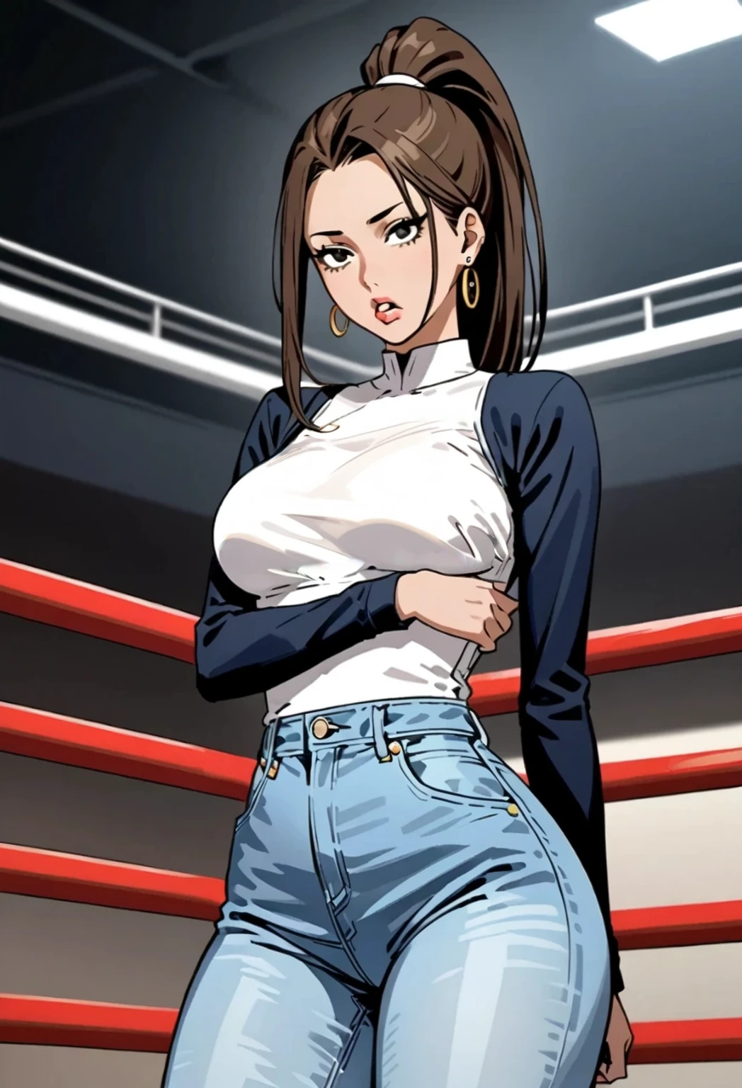 Solo girl, , wrestling ring , seductively standing , seductive face , ((wrestling ring background)), very femenine slutty playboy face, pink dark hair , eye shadow and eyeliner, extremely long eyelashes, boduly shot hot, wears a boyfriend jeans tugged up extremely high covering her navel entirely , curvy big thighs , her jeans is oversize but digging inside her pussy forming camel toe , obvious high waisted boyfriend trousers,, wearing an oversize white crop top , rounded breasts hot . Curvy hips , fit