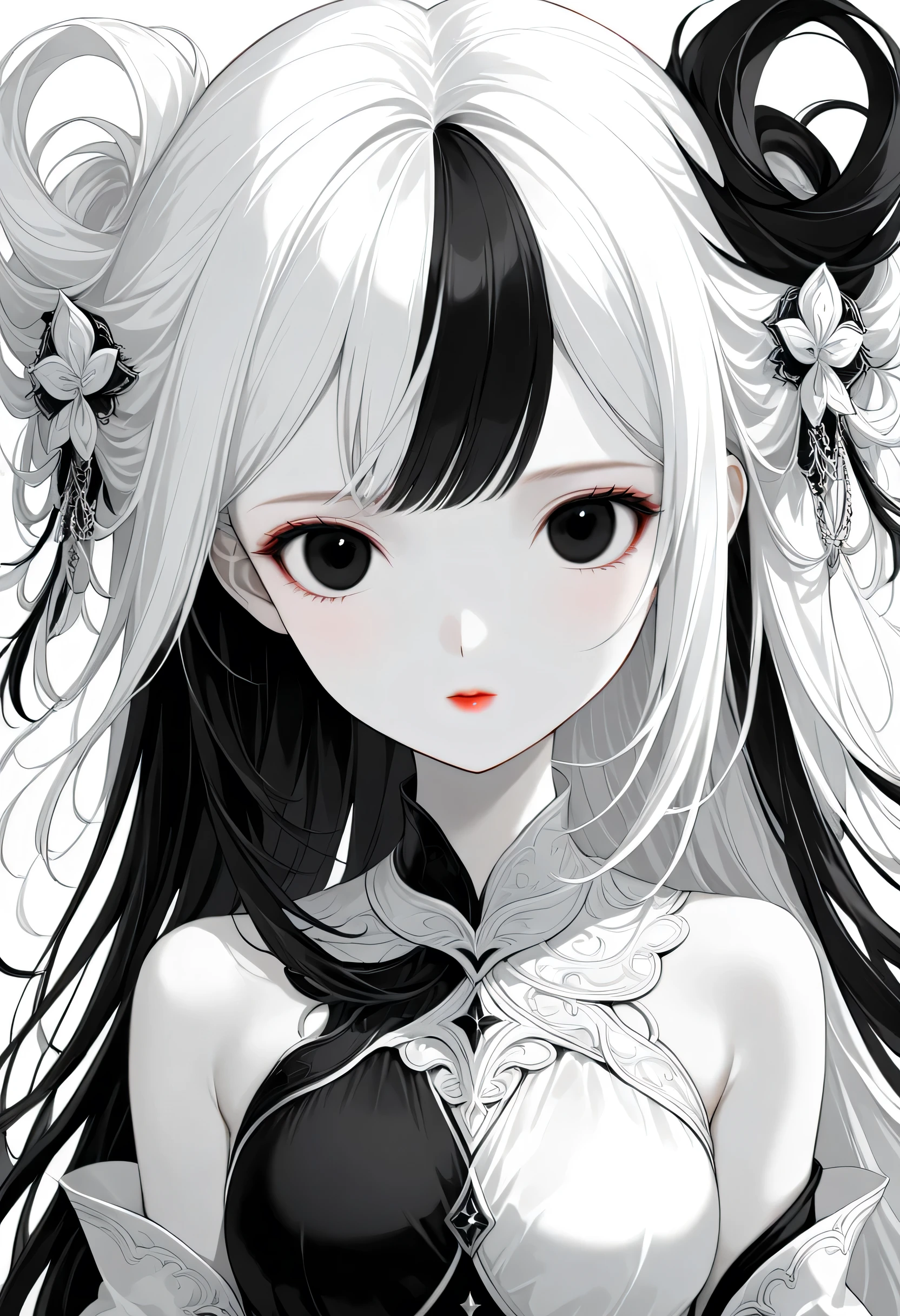 "Black and white color scheme, highly detailed, ultra-quality, monochrome illustration. A single girl (1girl) with long, half-black and half-white mixed hair. Precise black and white hair division with natural blending. Odd eyes: left eye is pure white, right eye is deep black. Emotionless, calm expression. The entire character design follows a black and white contrast theme. She is in a white room with a pure white background, enhancing the striking monochrome aesthetic. The composition emphasizes elegance and balance between black and white elements, ensuring a refined and visually compelling artwork