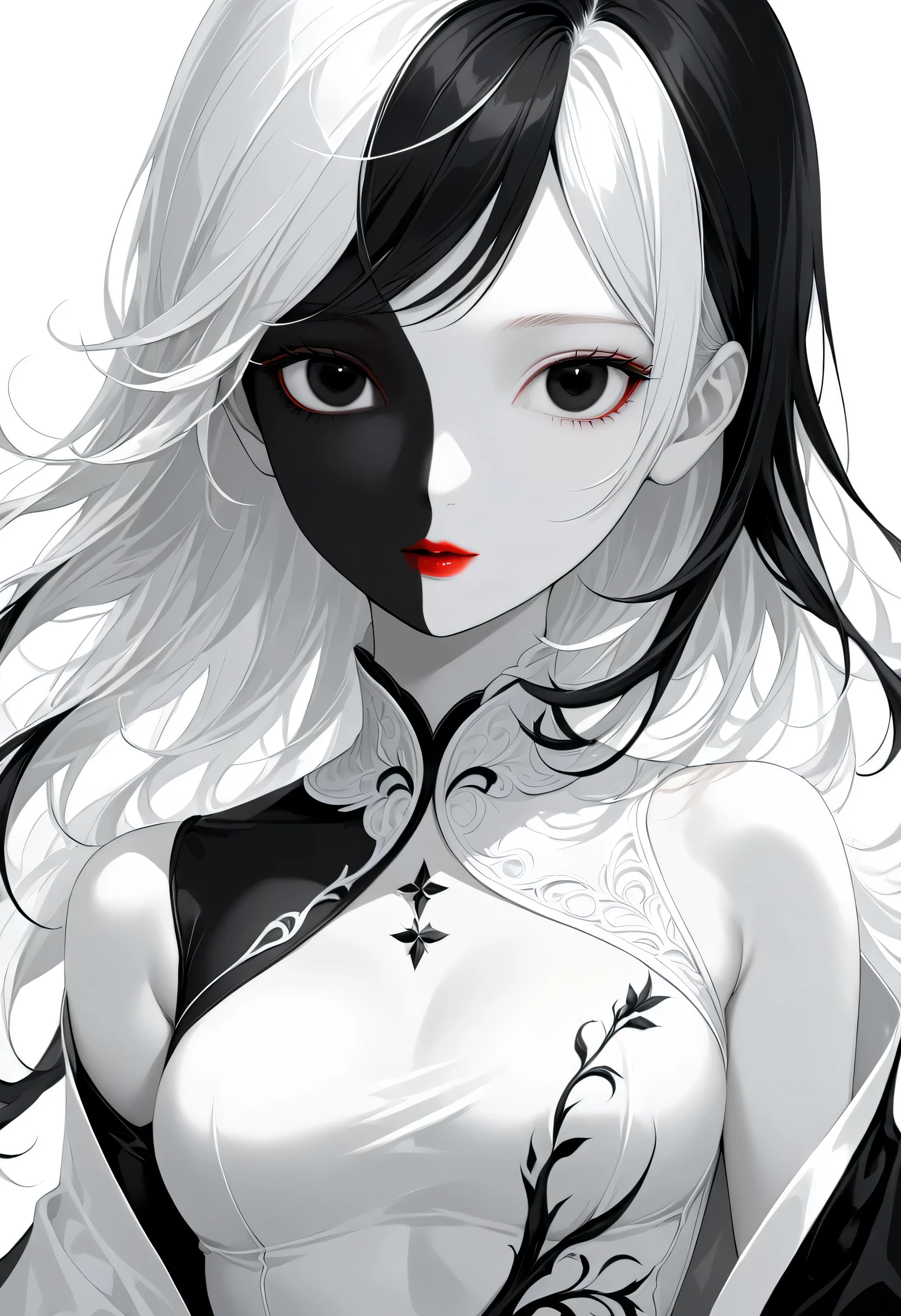 "Black and white color scheme, highly detailed, ultra-quality, monochrome illustration. A single girl (1girl) with long, half-black and half-white mixed hair. Precise black and white hair division with natural blending. Odd eyes: left eye is pure white, right eye is deep black. Emotionless, calm expression. The entire character design follows a black and white contrast theme. She is in a white room with a pure white background, enhancing the striking monochrome aesthetic. The composition emphasizes elegance and balance between black and white elements, ensuring a refined and visually compelling artwork