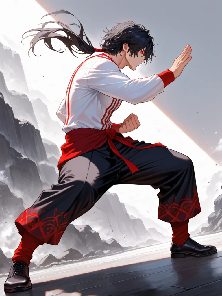 (masterpiece, best quality:1.2), solo, Haohmaru, 1guy, long hair, spiked hair, ahoge, dougi, black and white dougi, braceleta, red belt, holding sword katana, pants, socks, flipflops, geta sandals, full body, fighting pose, at the mountain, pine tree, snow, smirk:1.4, masterpiece, perfect face, perfect picture, detailed eyes, sharp focus, High detailed view, , High detailed,
