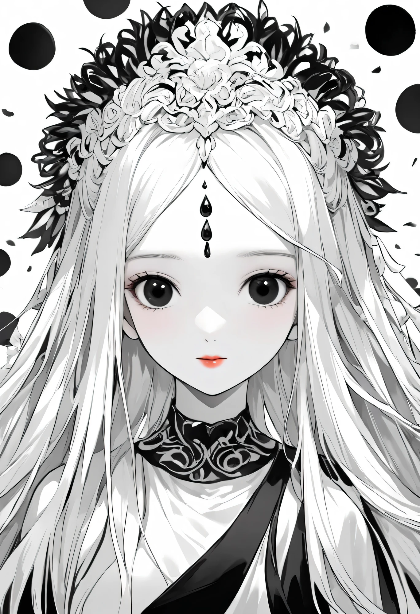 "Black and white color scheme, highly detailed, ultra-quality, monochrome illustration. A single girl (1girl) with long, half-black and half-white mixed hair. Precise black and white hair division with natural blending. Odd eyes: left eye is pure white, right eye is deep black. Emotionless, calm expression. The entire character design follows a black and white contrast theme. She is in a white room with a pure white background, enhancing the striking monochrome aesthetic. The composition emphasizes elegance and balance between black and white elements, ensuring a refined and visually compelling artwork