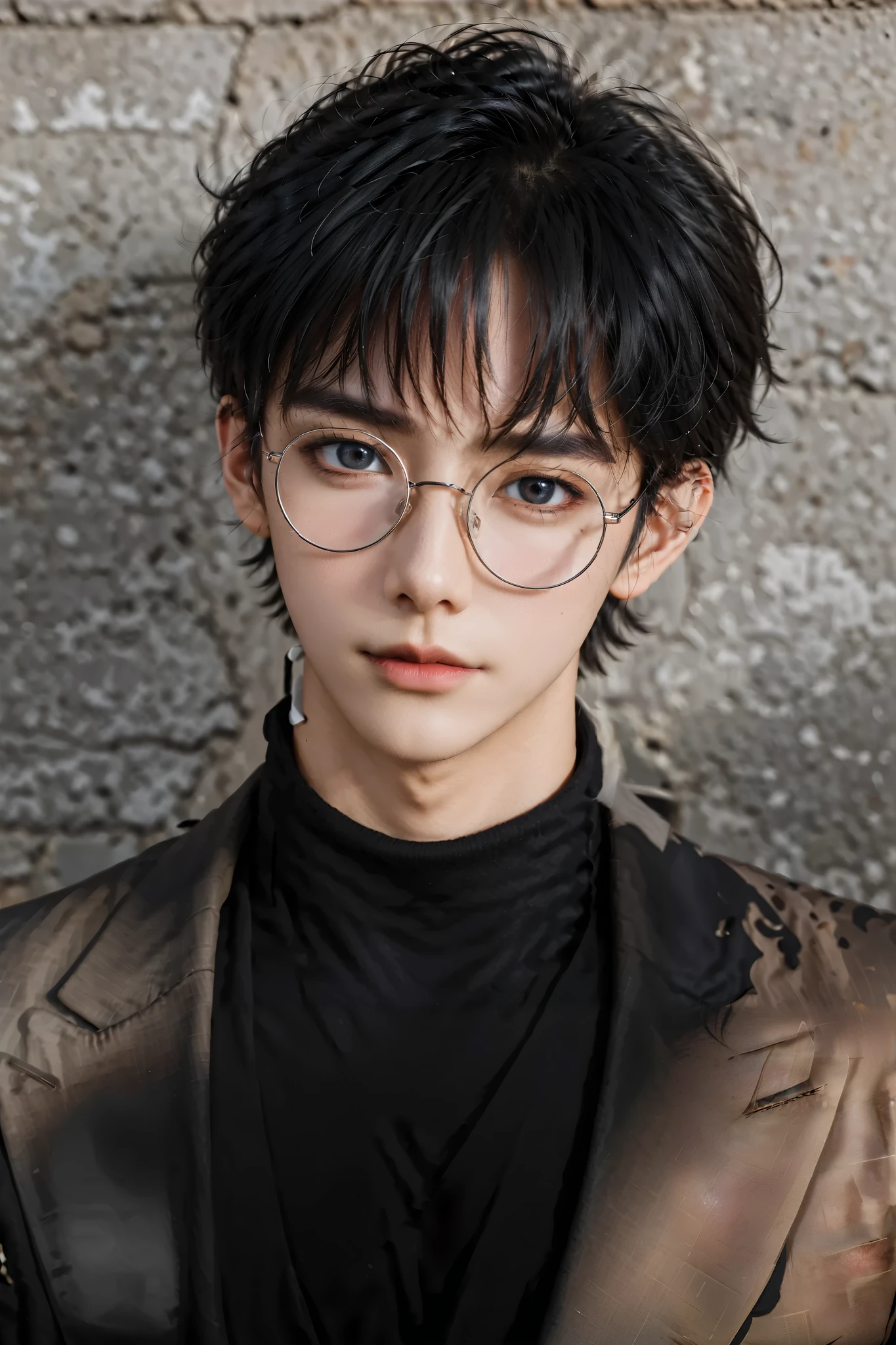 a close up of a man wearing glasses, black turtleneck and suit, high quality portrait, close up portrait of a handsome man, western man, black hair, short neat hair, serene face, a scar on right eyebrow, a mole under left eye
