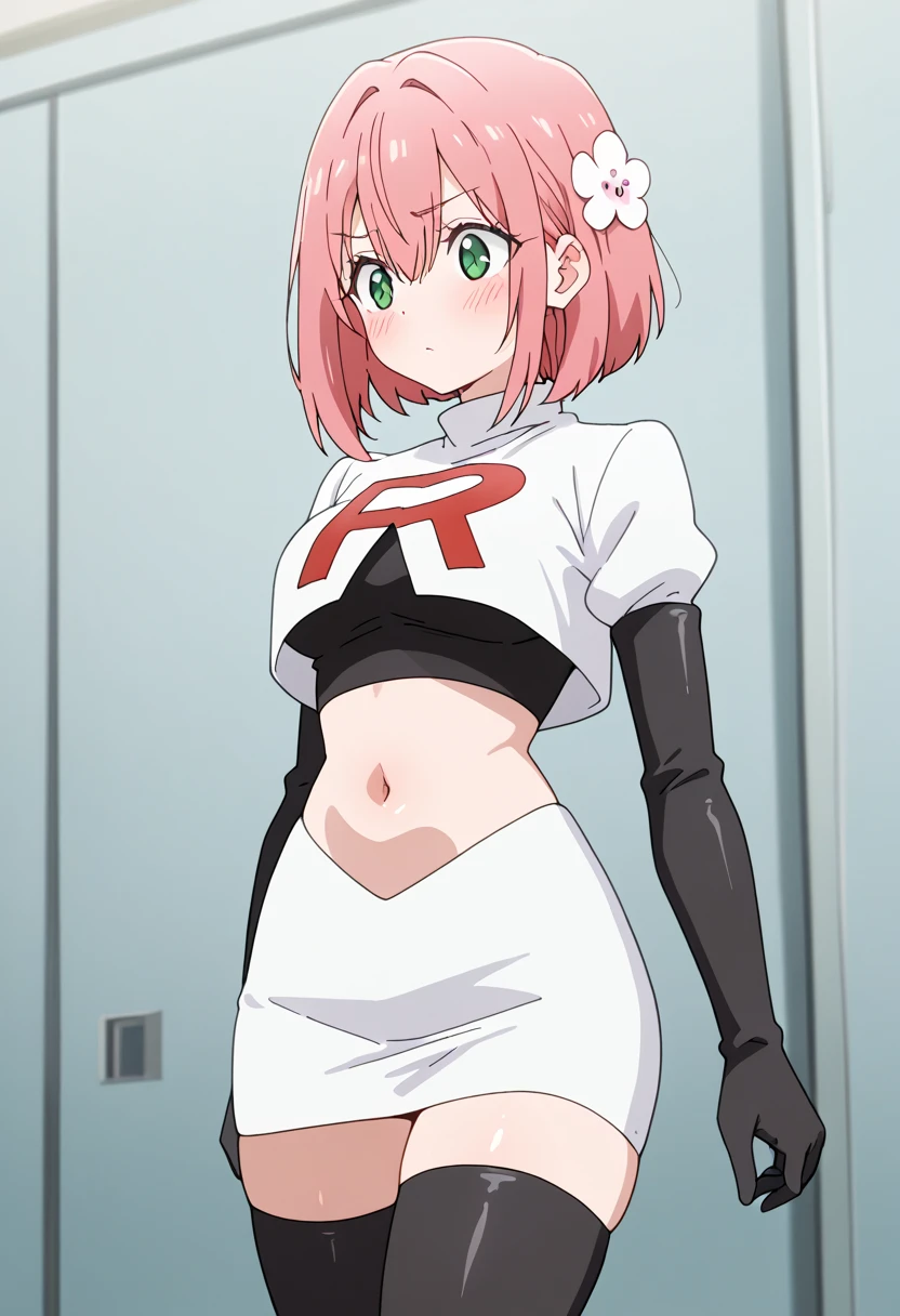 masterpiece,Highest quality,High resolution,Anime Style,(1 high school girl:1.2), (((Team Rocket uniform), Short skirt), (Black Patent Leather Gloves), Black patent leather boots, White panties),(Smiling with teeth showing:1.3),(hairs color light pink, Wavy short hair:1.3), (Panty shot, View from below the subject:1.2), (Clothes that look good:1.1), (Blank Background:1.3)