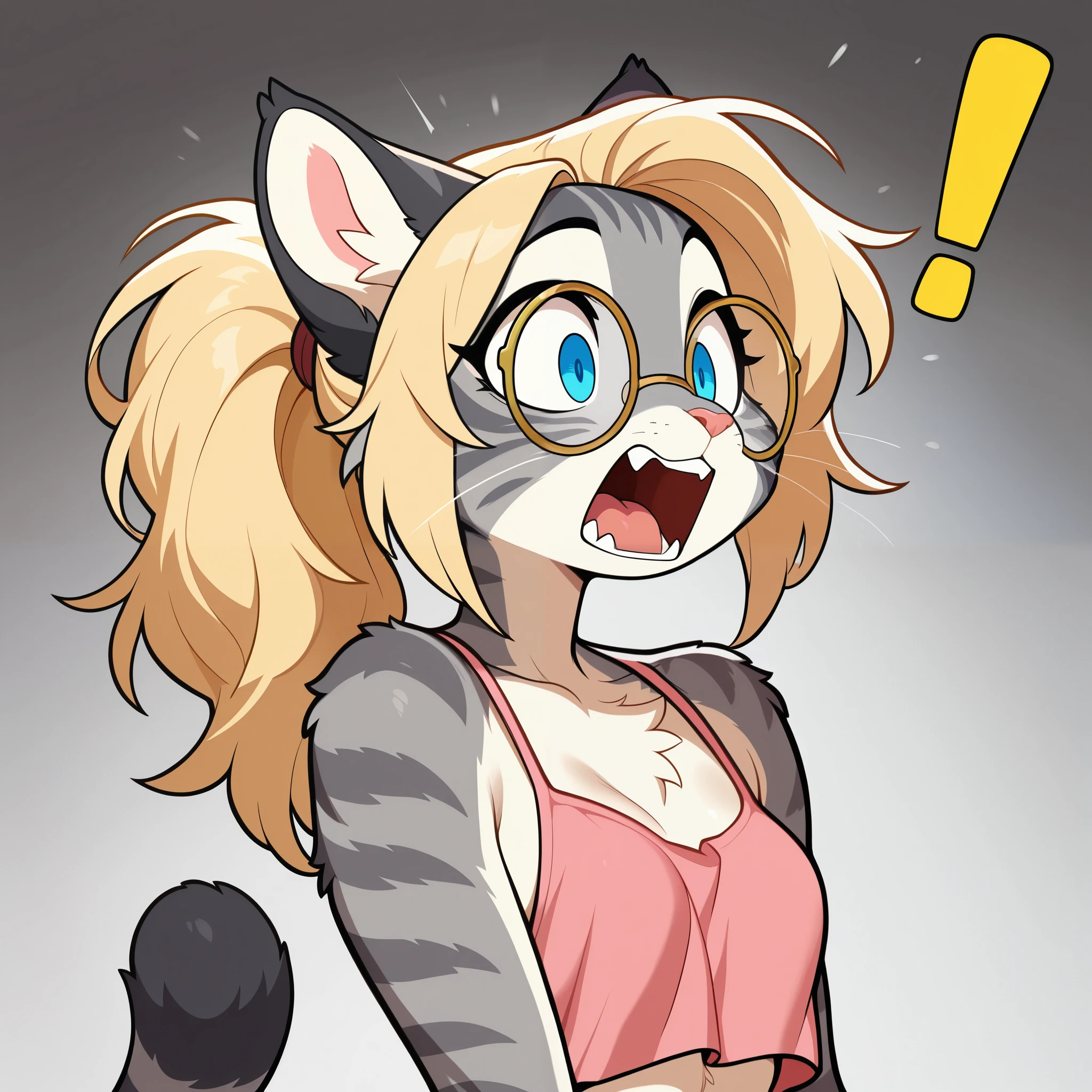 masterpiece, best quality, amazing quality, high resolution, absurdres, newest, furry, anthro, countershading, solo, katxl, Anthro furry feline, blue eyes, grey striped fur, blonde ponytail, spikey hair, slender body, pink nose, whiskers, small breasts, striped cat tail, three quarters shot, looking ahead, , wearing pink crop top, big gold round glasses, gasping, taken aback, big goofy face, wide eyed, !, mouth wide open, yelling, she is covering her chest, upper body shot,gradient grey background