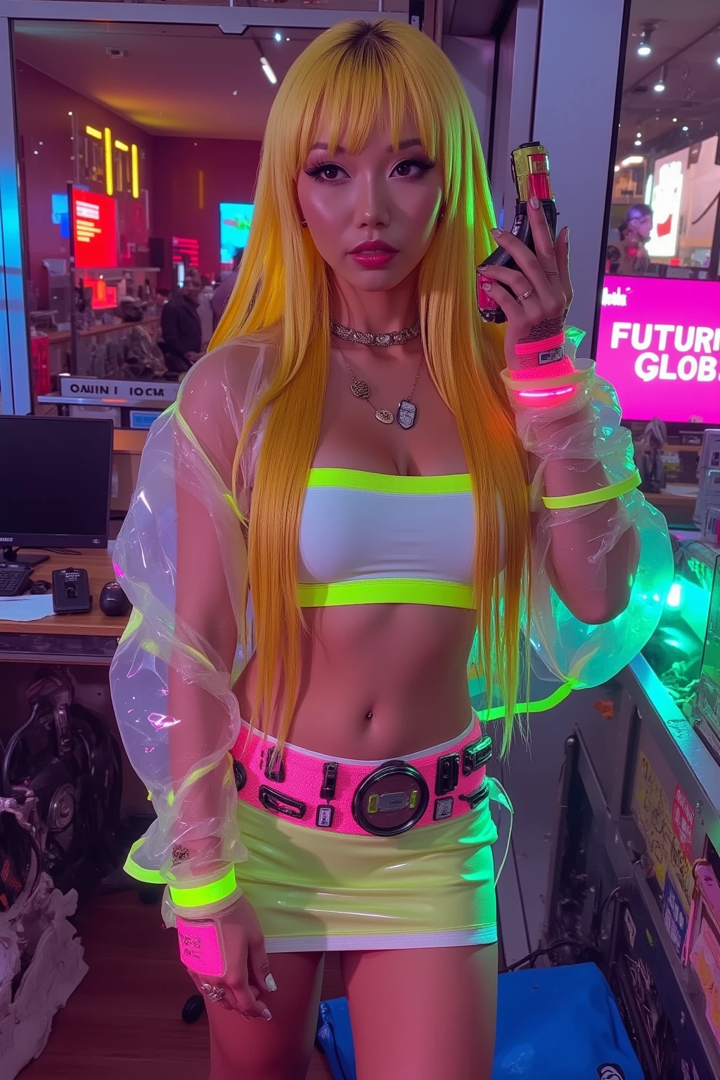 ariana grande, 25 years old, neon green sexy rave outfit, walking streets of bangkok at night, friendly and flirtatious expression, crowded street, light rain, detailed facial features, beautiful eyes and lips, high quality, photorealistic, 8k, hyper detailed, studio lighting, vibrant colors, cyberpunk neon aesthetic