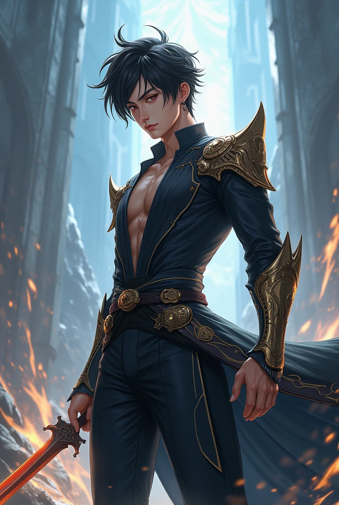 a male character black on a neutral background an extreme expression of anger with orange eyes crying a flame liquid, (black hair), --auto --s2