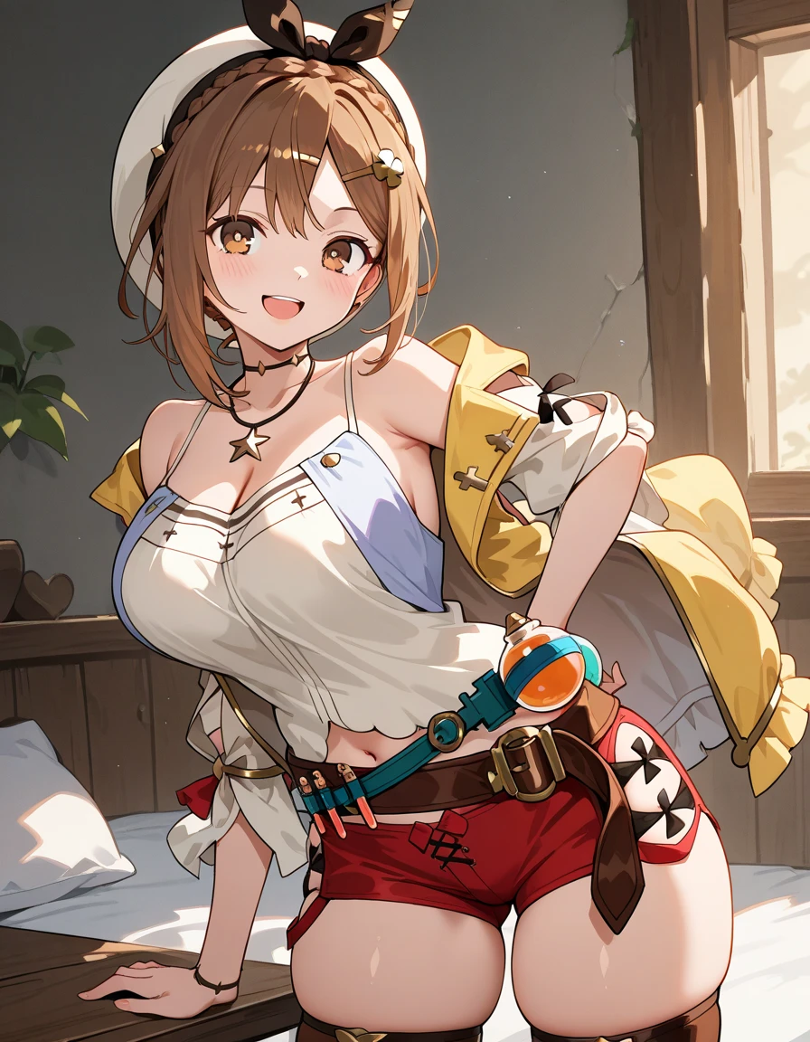 ((cute, 1 Girl, Liza, workshop, Alchemist, White Beret, Red shorts, Over the knee boots,)),(((Her black underwear is visible, Nipples are slightly visible, valley, Small breasts, ))、woman,Cowboy Shot, (((white background))) 、Best image quality, high quality, The background is clear,きれいなwoman, Japanese, detailed, detailed eyes, detailed skin, Beautiful Skin, 超High resolution, (reality: 1.4),とても美しいwoman, A little younger face, Beautiful Skin, thin, (Ultra-photorealism), (High resolution), (8K), (非常にdetailed) 、(Beautiful and detailed eyes), (非常にdetailed), (detailed face), Displaying the viewer, Fine details, detailed face, smile,Straight,Looking Ahead, StraightLooking Ahead, Photo Real,Hairstyle: ponytail、((((short hair:1.5))),Brown Hair、smile、Very delicate body、Very flat chest、hair over one eye, from below,(Kneel, On all fours:1.2), ( Looking at the audience:1.4), (Stick your butt out:1.2), Dutch Angle、Normal limbs、