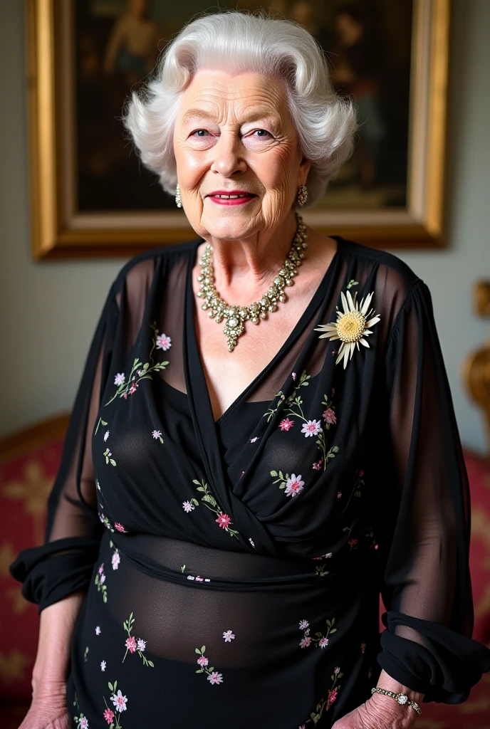 (busty breast), (queen elizabeth 80yo sitting on sofa) (chiffon sheer green blouse and black skirt:1.3), cleavage, pearls