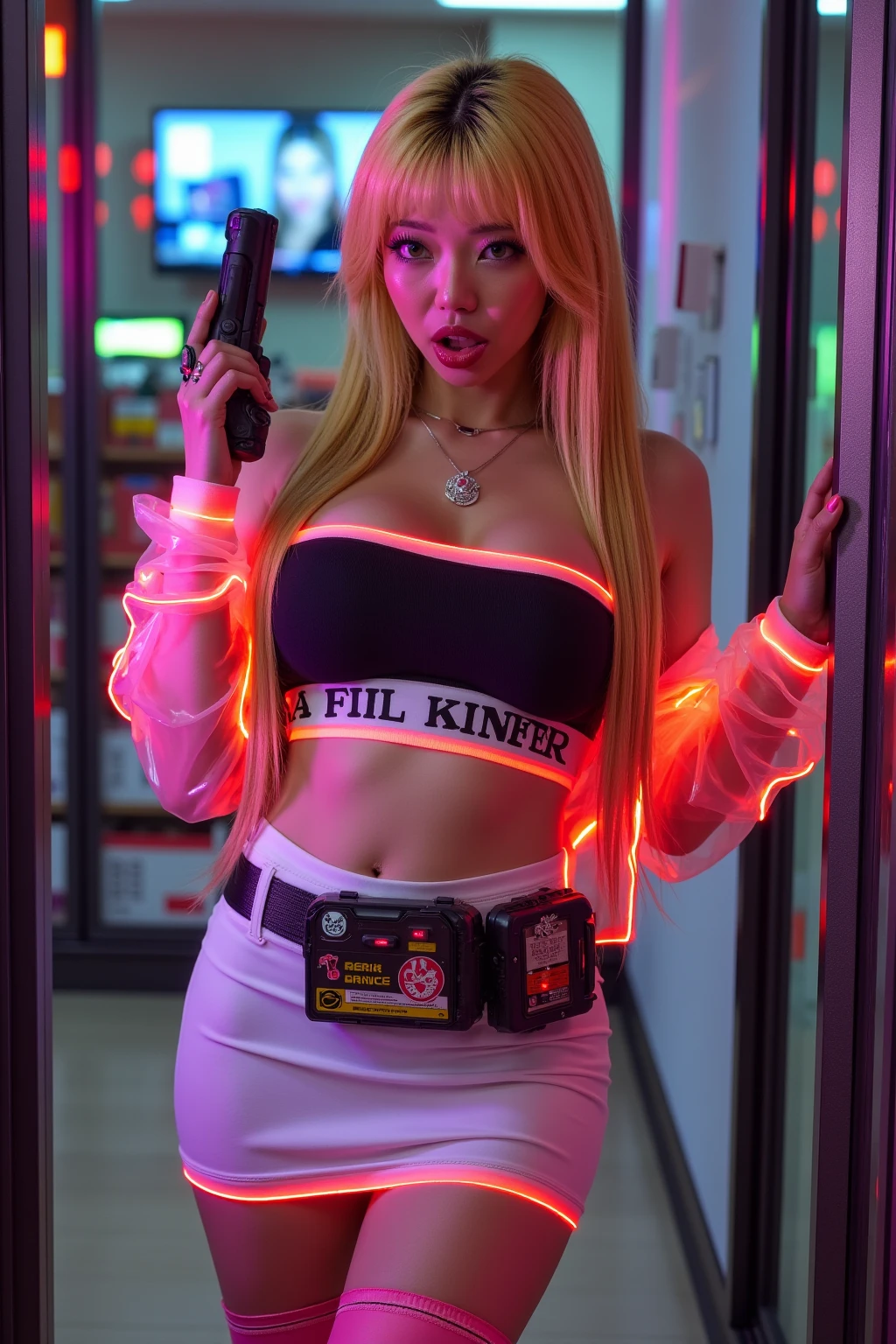 ((Highest quality、8k、masterpiece:1.3))、((Photorealistic、Perfect body line:1.4))、((28-year-old super beautiful woman、One woman only:1.4))、((Highly detailed face, skin texture and beautiful eyes、Highlight of light-colored eyes、Light shines in the eyes:1.4))、((She has a well-proportioned body like a gravure idol and big breasts.、Super long brown hair that is almost blonde:1.5))、((Colorful neon long parka、Leather bra、Gaming headphones:1.3))、((A pink handgun is in a holster on his hip.:1.5))、((Super beautiful, translucent skin:1.3))、((Gal makeup:1.3))、((Neon city at night、Face clearly visible:1.3))
