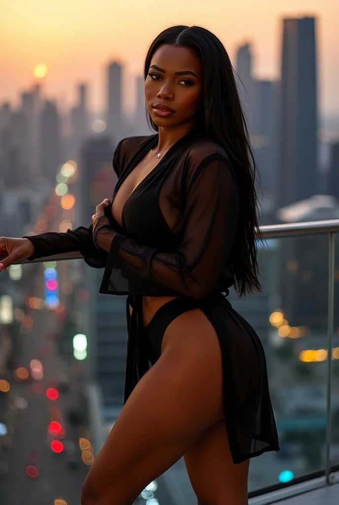stunningly beautiful amazing details naughty 20 yo black woman (((nude))) black lipstick showing pussy short straight hair hoop earrings sunrise on top of a highrise tower in nyc