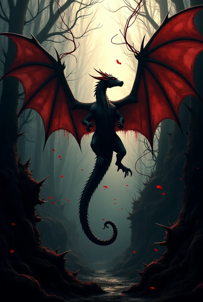 A realistic dark red and black dragon flying over a dark purple landscape 
