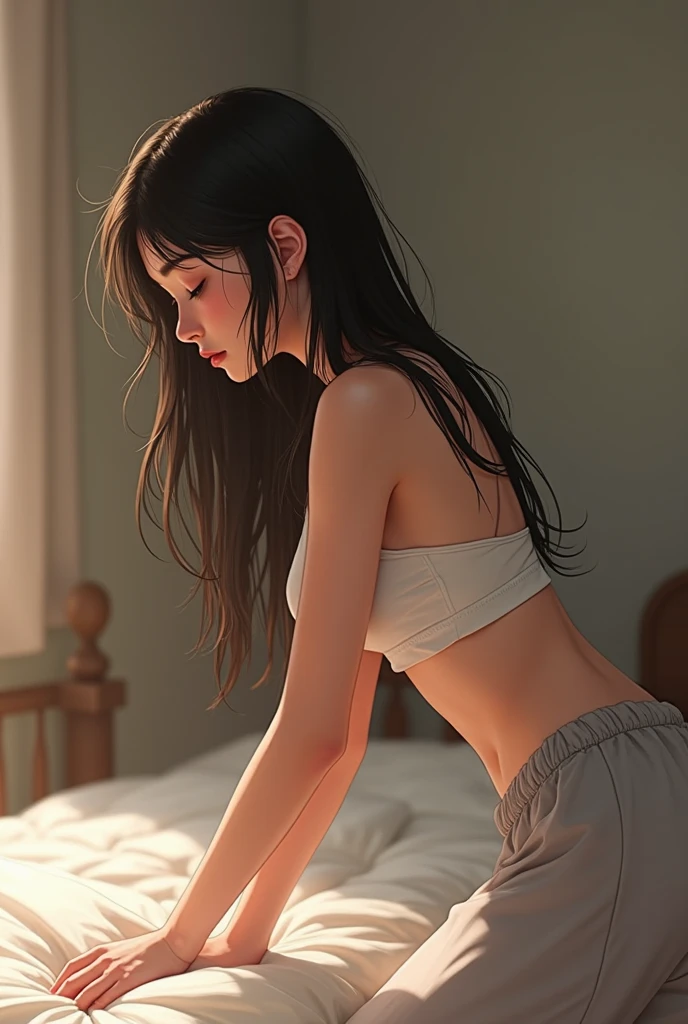 best quality, masterpiece, high_res, 1girl, Beautiful face, (photo realistic:1.3), rim lighting, (high detailed skin:1.2), 8k uhd, dslr, high quality, high resolution, 4k, 8k, Bokeh, medium breasts, absurdres, ponytail contorted, best ratio four finger and one thumb, drenched shirt, drenched chest, drenched body, soaked shirt, no bra, (realistic:1.2), white gym uniform, backlighting, highly detailed, lying, from above,
