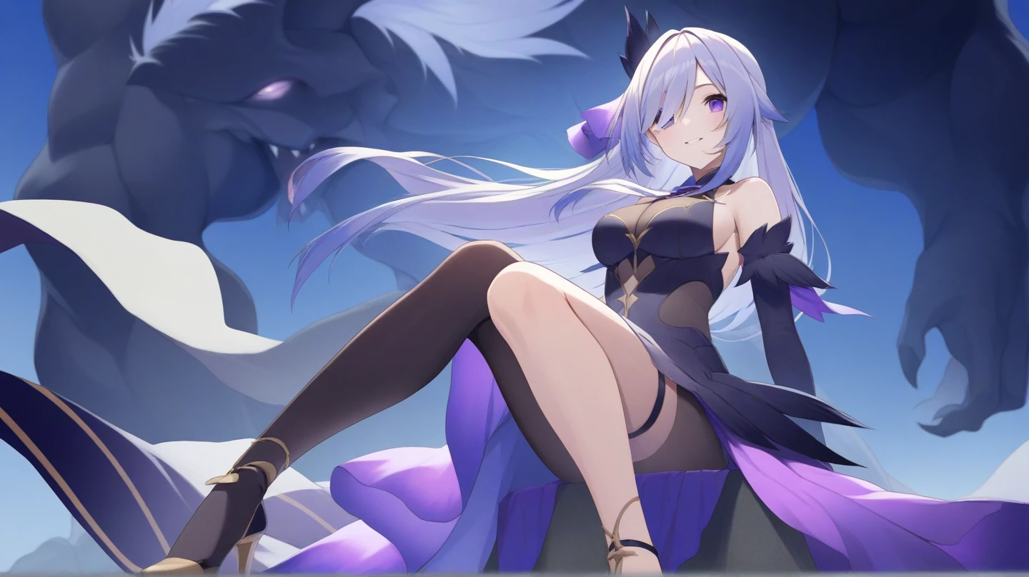 <lora:wkeqin:1>, 1girl, bare_shoulders, breasts, brown_legwear, detached_sleeves, dress, frills, full_body, gloves, hair_cones, hair_ornament, keqing_\(genshin_impact\), long_hair, looking_at_viewer, pantyhose, purple_dress, purple_eyes, purple_hair, solo, masterpiece, best quality