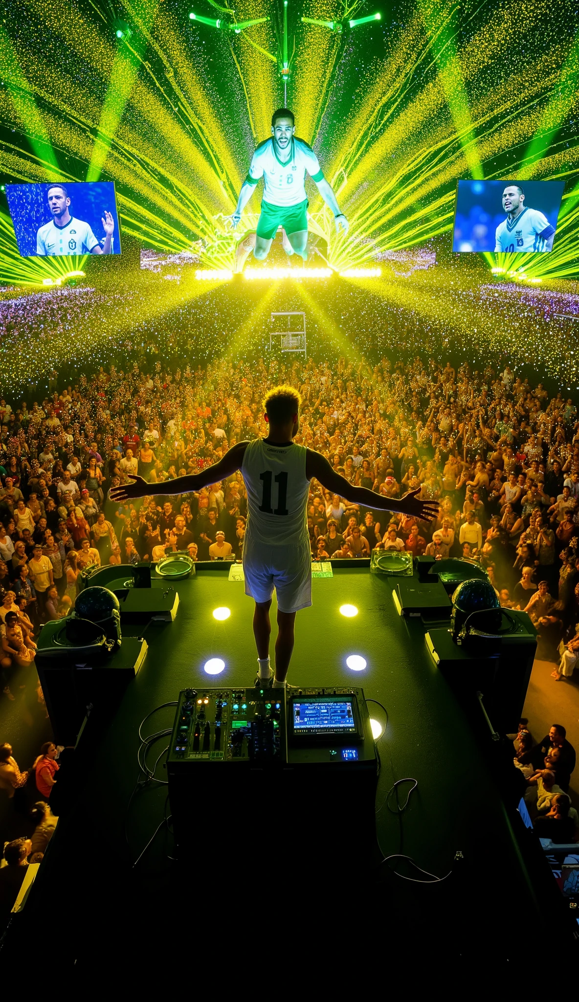 From a crane shot looking down, we see Neymar as the vibrant nucleus of a human energy storm. His glowing figure stands out starkly against the dark DJ booth, surrounded by concentric waves of dancing fans that ripple outward to the horizon. One arm stretches toward the camera while the other manipulates the effects unit, creating the illusion he's physically shaping the crowd's movement. The aerial view reveals the incredible Brazilian carnival elements he's incorporated - samba dancers on floating platforms, giant animated toucans on the screens, and bursts of green-and-yellow confetti that mimic Rio's fireworks. Despite the visual chaos below, Neymar maintains perfect control, his body moving with the innate rhythm that made him a football legend.