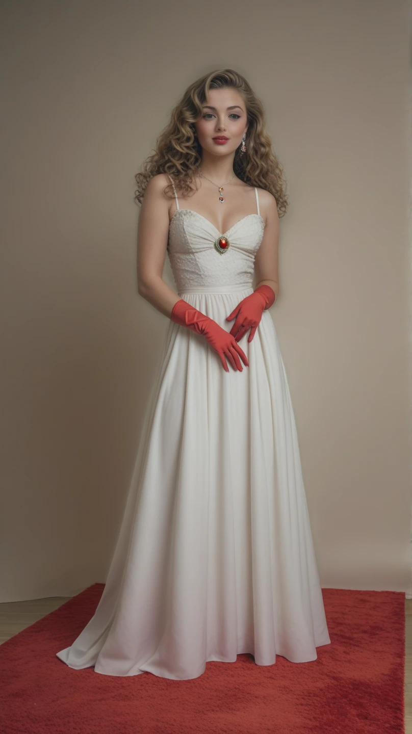 melissa benoista, long blonde hair, red satin dress, long dress, strapless dress, long white satin elbow gloves, smile, lipstick, blue eye shadow, makeup, tiara, smile, white_gloves, black_choker,