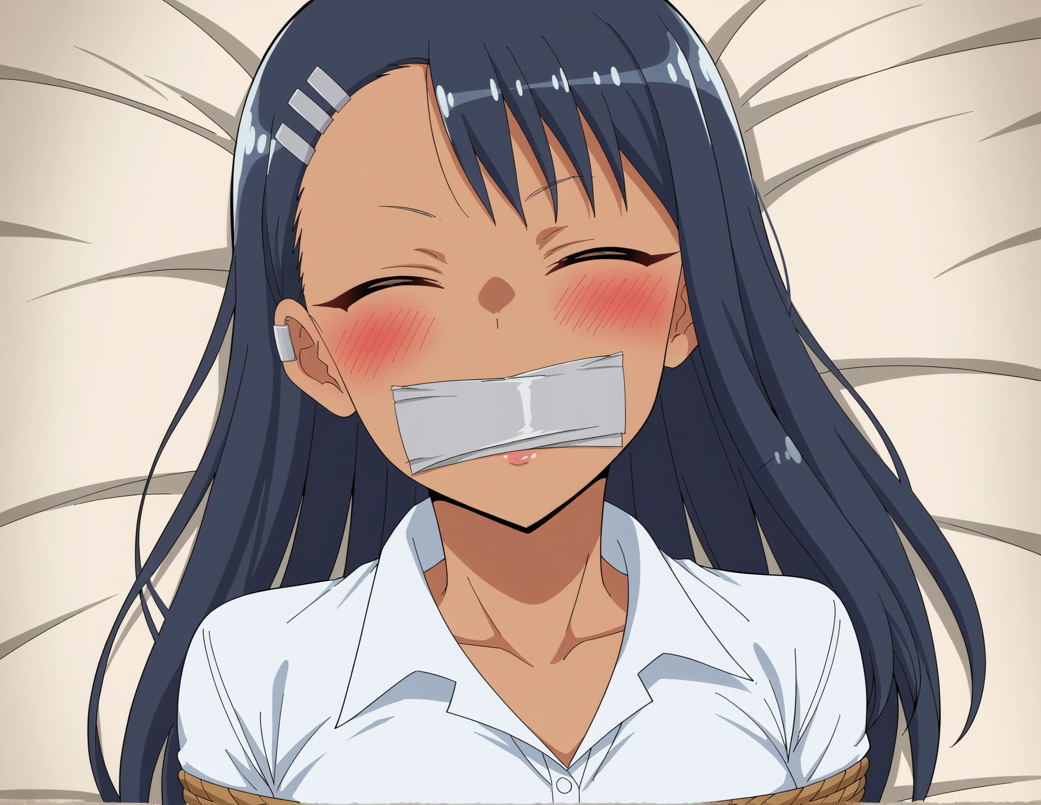 Anime girl, wearing white shirt with long sleeves, wearing shorts jeans, long straight black hair, asian skin tone, very cute, her wrists are tied up together with ropes behind her back, her elbows are tied up together with ropes behind her back, her mouth is taped shut with duct taped around her mouth, she can't say anything but muffles, her ankles are tied up together with ropes, her knees are tied up together with ropes, there are ropes tied around up and down her boobs, she is sitting, she is helpless, she is crying for help