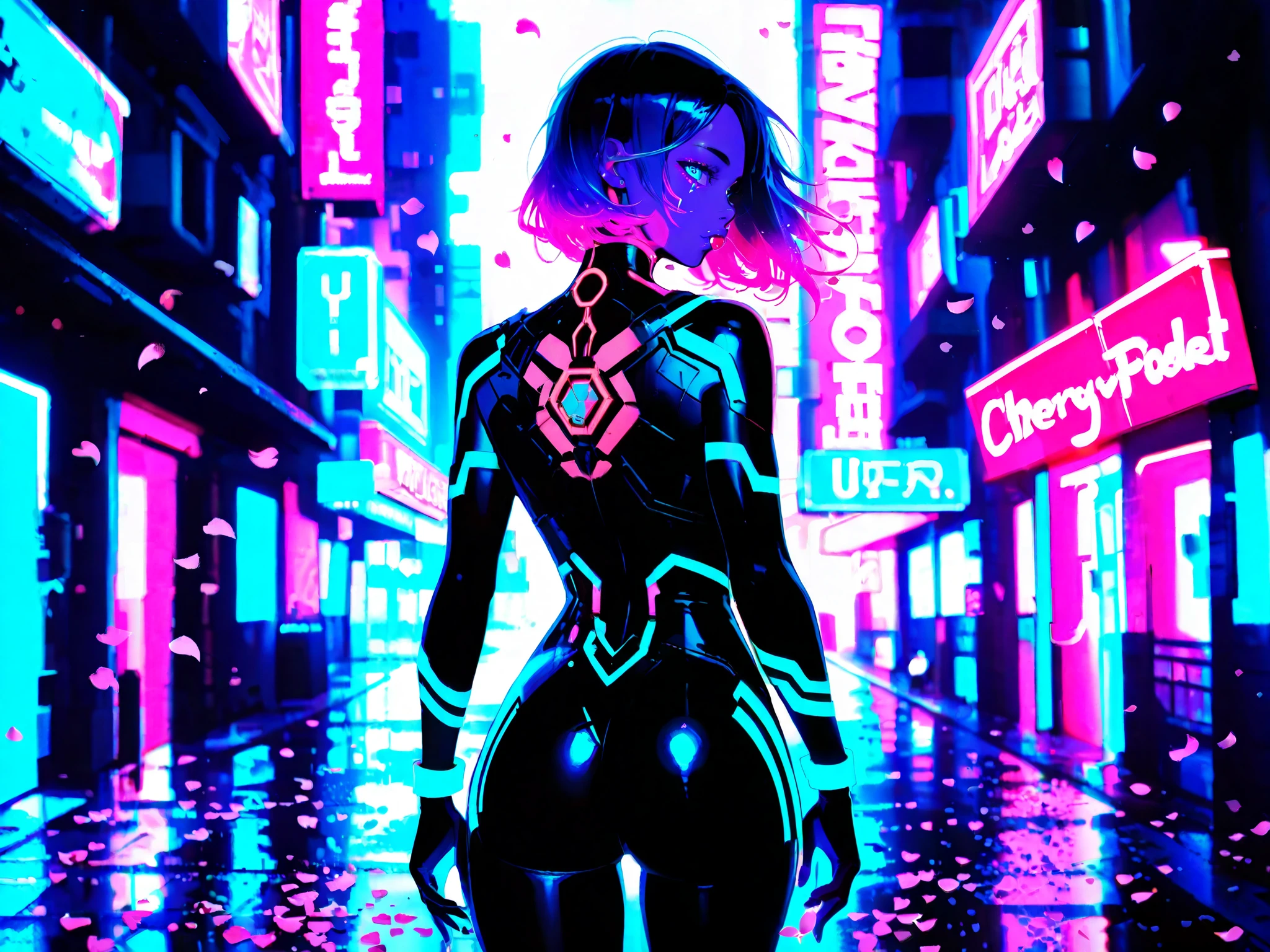 NeoNiILIK, arm0rpunkv4, ultraviolet light, 1girl, standing, from behind, looking at viewer, cyberpunk, street samurai, neon city, cherryblossom, cherry, ((digital petals )), ((pixel petals)), masterpiece, best quality, amazing quality, very aesthetic, high resolution, hyper-detailed,