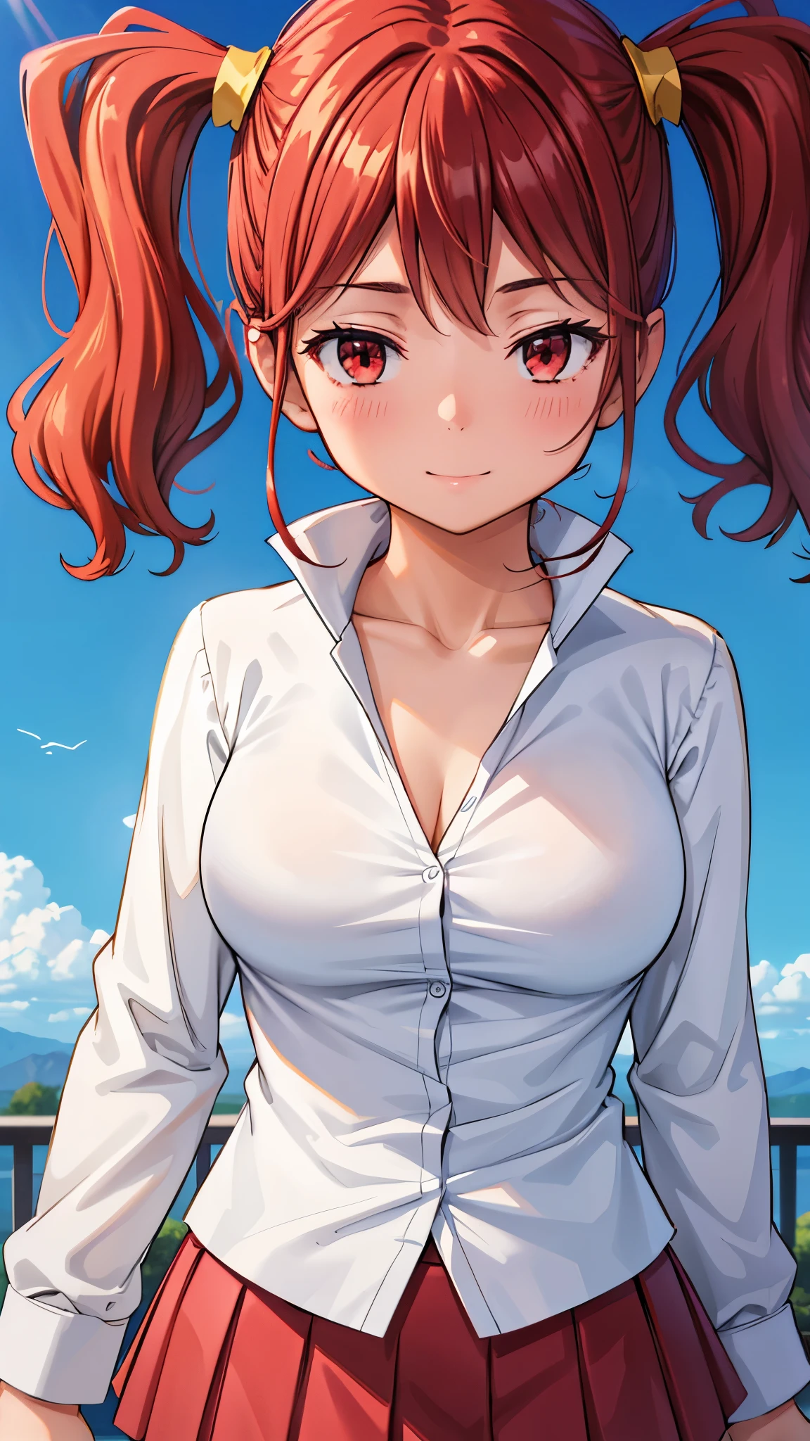 (super quality,super high resolution,16k,Super Masterpiece,Ultra HD ,detailed shading and background,)Upper body shot,Sexy high school girl,twin tails,white shirt with cuffed sleeves,The Valley of the Chest,red miniskirt,cover,smile,blue sky and sun visible background ,