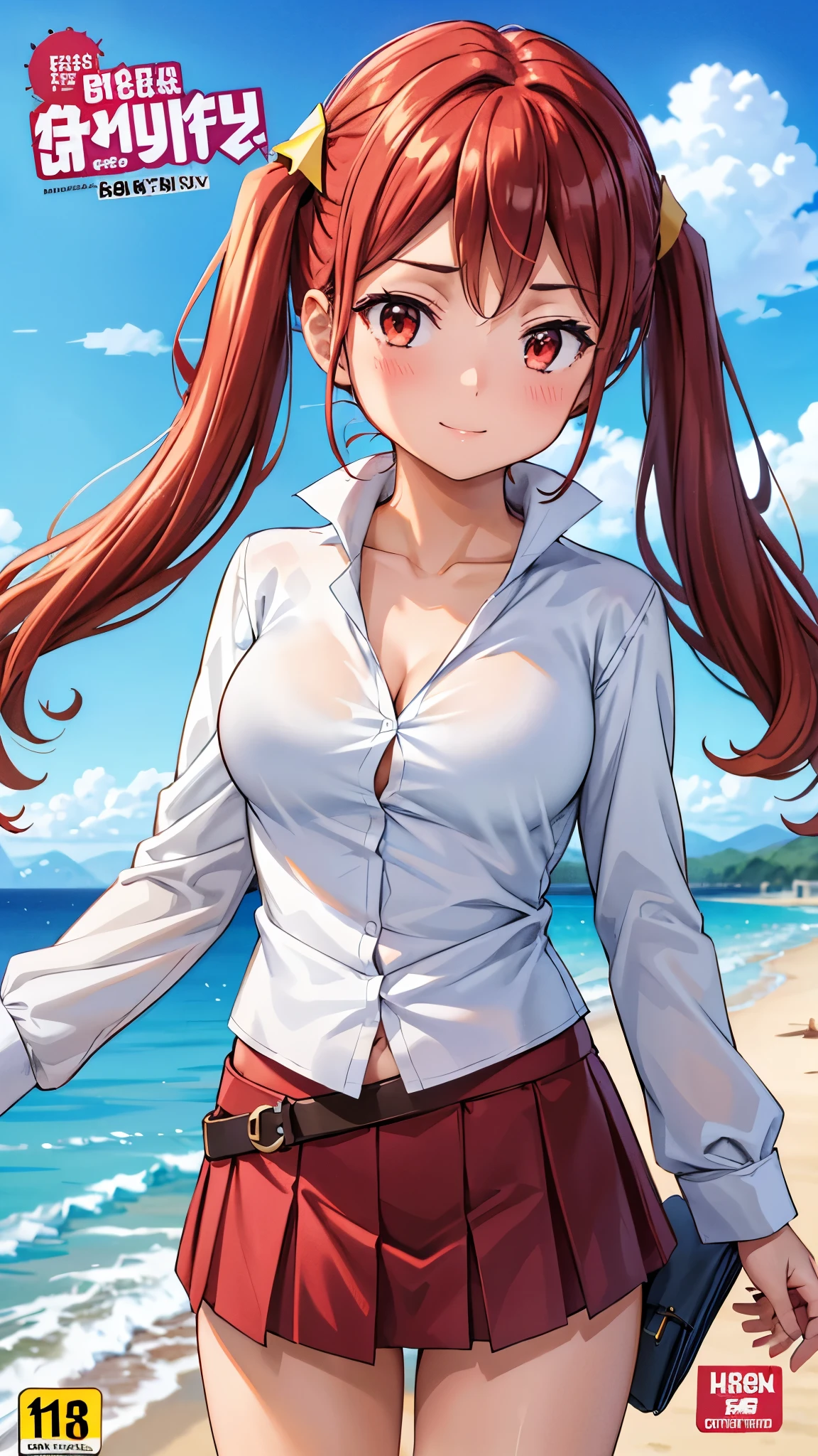 Lake Izu,((Highest quality)), ((masterpiece)), (be familiar with), One female,(Small breasts),Long Hair, Brown Hair, Brown eyes,White shirt,Exposing shoulders,((Erect nipples))