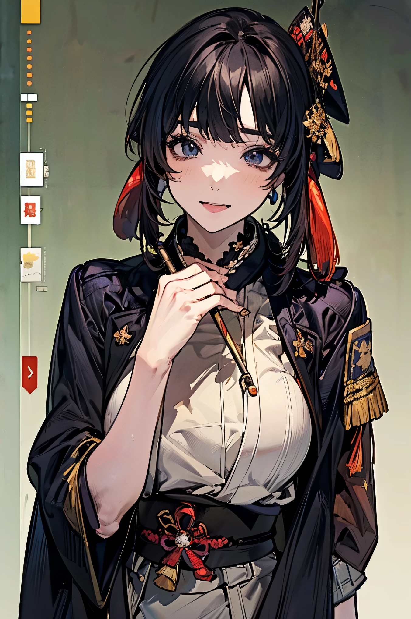 (masterpiece:1.5),beautiful hair,beautiful,Beautiful slender body,(Konno Anna:1.2),(Riho Yoshioka:1.1),(closes her eyes and sticks out her tongue:1.3),(Waterfront:1.4),bust illustration from the front,The Valley of the Chest,((((An Extraordinary Beauty:1.7)))),((((Military jacket,Taisho Romance:1.5)))),((19-year-old single woman holding a fish in her hand:1.1)),(( holding a fishing rod :1.5)),(accurately depicted anatomically correct hands:1.1) dark hair,long eyelashes,Three-dimensional, jewel-like eyes,Very delicate and beautiful CG,2. 5D illustration, anatomically accurate body, (Extremely precise illustrations:1.1),(Waterfront:1.4), (wallpaper:1.4),8k