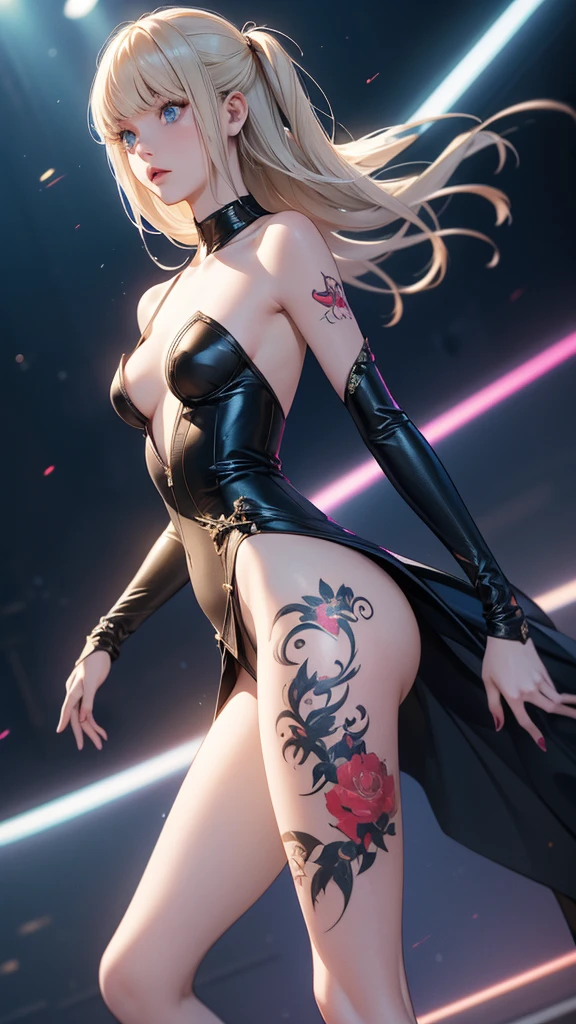 Height: 4'9" Gender: Female Skin Color: Porcelain Eye Color: cobre/Gold Hair Color: Dark Red Hair Style: Long hair loose or down Body type: Endomorph Scar: Cut marks on the back, cut from right shoulder to left hip. tattoo's: Right arm is sleeve, ambos os ombros têm tattoo's de rosas, a black rose on the right thigh, black smoke swirls down the leg, her upper back has a large and intricate piece Piercings: Both ears have Daiths, right ear has industrial, and studs up to the ear, and your language. vestimentas: leather pants, tight black, long red coat with black coat of arms on the back. The coat of arms resembles that of a sacred flame.(Artwork, Maximum quality, best quality, offcial art, appealing, Cosmic, atmospheric, psychedelic, dreamlike and aesthetic:1.2), (1 girl, blonde punk rock mohawk hair, toneladas de tattoo's e piercings, accentuated super huge enormously gigantic , cleavage showing, full - length portrait), extremely detaild,(Fractal Art, Camera view from behind:1.3),fullcolor,More Detailed, cherry blossoms and butterflies blowing in the wind