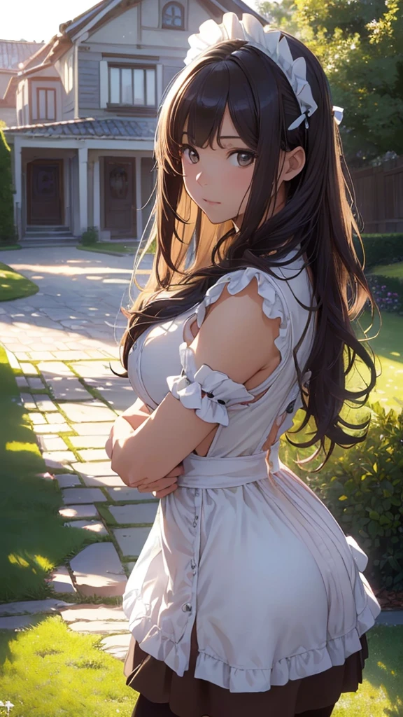 独奏、NSFW、(tall、Toned body、slim body、Brown Skin、Sunburn、Big Breasts)、(Slanted Eyes、Sharp Eyes、Dark Eyeasterpiece))、((Highest quality))、((detailed)、((Adult female))、(((Light brown skin)))、((Long black hair ponytail))、photograph、美しくdetailedな顔、detailedな目、Bright smile、Outdoor、(Sleeveless white dress、Sexy one piece、Semi-transparent lace dress)