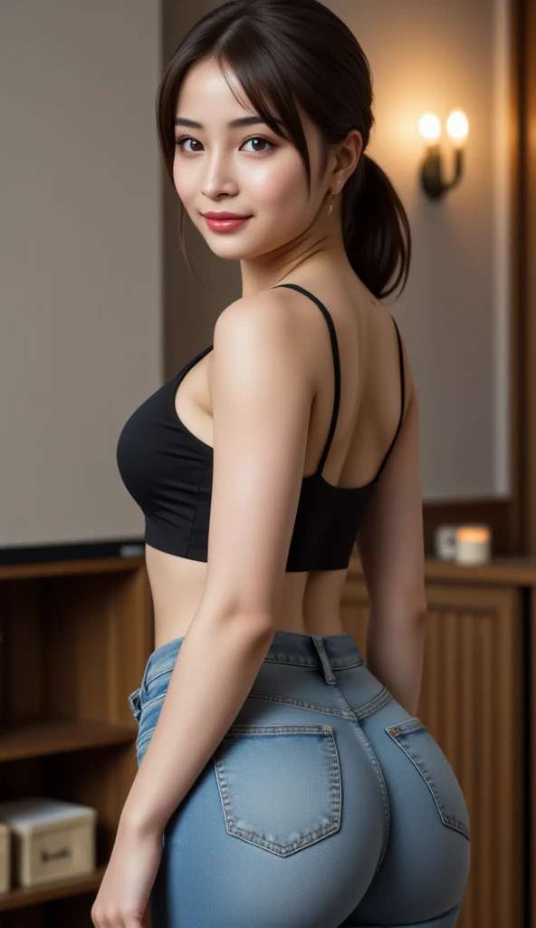 Cute dark skinned Chinese girl wearing glasses, detailed skin tight jean shorts, tight crop top, mid size butt,