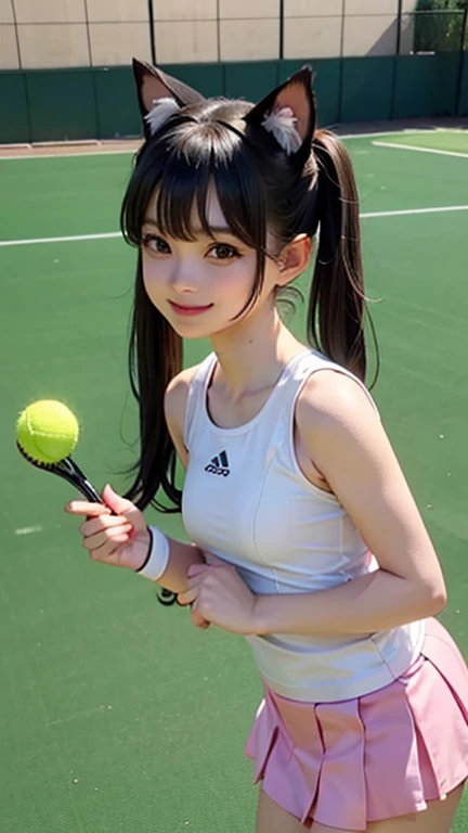 (Superflat, Flat Shading, Flat Color:1.1)、(Magazine Cover)、An illustration、(Asian boyish girl)、(cute:1.2)、Very beautiful 20 year old manga girl、Great smile、Blushing cheeks、(Skin with attention to detail: 1.2)、Photorealistic anime girl rendering、Realistic Anime 3D Style、cuteボブカット、Twin tails、Beautiful brown hair、Intense black eyes、Strong eye highlights、((Naked and oiled、Accurate big 、Sports underwear))、Perfect Anatomy、((grow、Very large breasty hair is messy、cute下着、((A tight white tennis uniform showing her midriff、Flexible and thin fabric))、((A white mini skirt with a flared hem))、Sportswear、sneakers、(support)、Stadium、Volumetric lighting、Soft Light、Vibrant colors、Watercolor、
