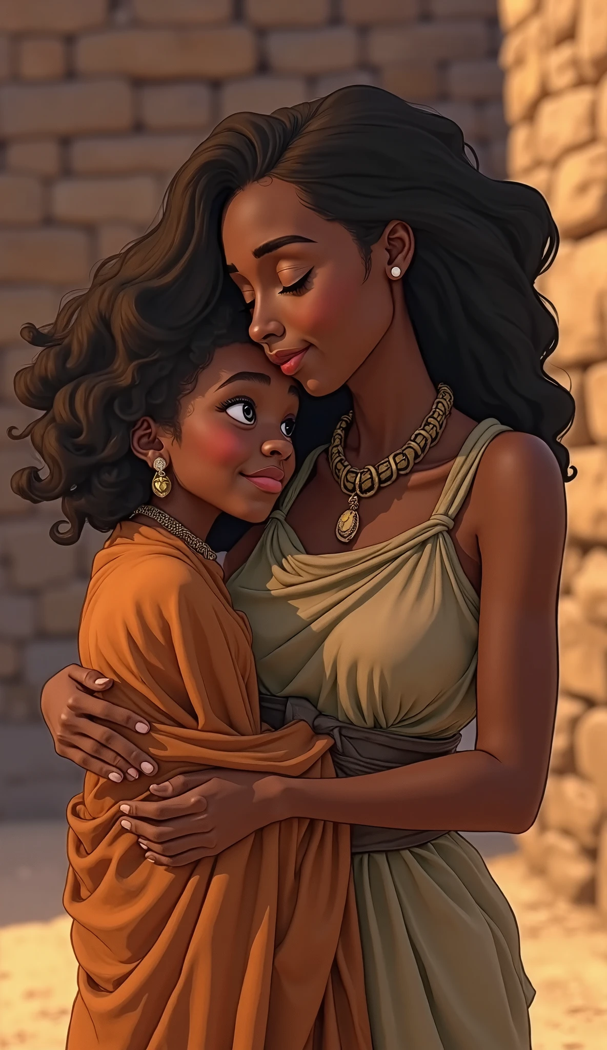 black queen with daughter, queen like Zendaya, zendaya adulte with daughter, curly hair, African queen with long curly hair, daughter has blond curly hair, cute hairstyle, luxury dress, queen crowned, princess crowned