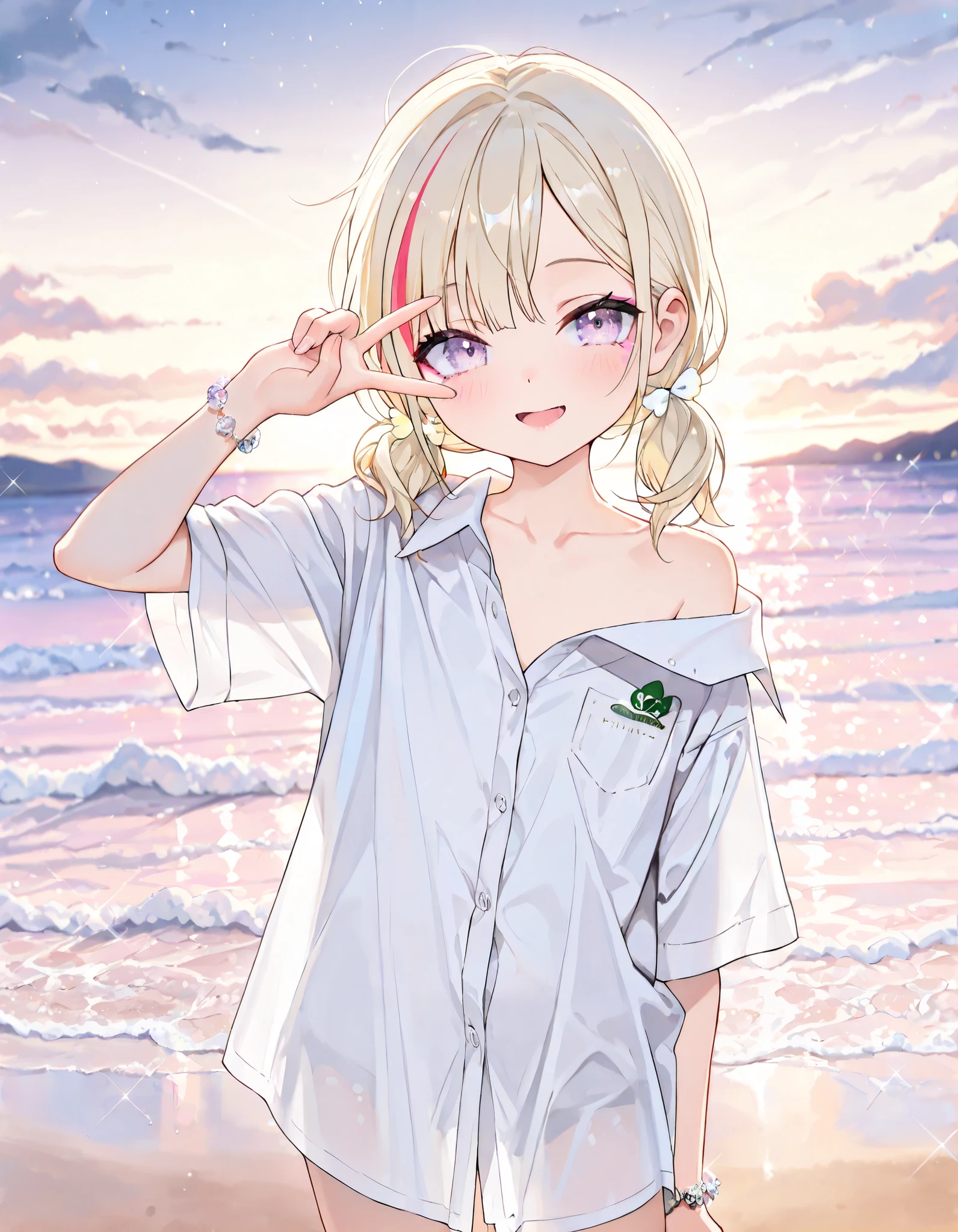 ((Masterpiece)), ((best quality)), (8K), ((cowboy shot)), (detailed background:1.3), (super detail:1.2),(High Definition:1.2), (Professional Photography:1.2), (very aesthetic:1.2), (absurdres:1.2), (sharp focus), ((1girl)), (cute young girl), (Healthy Gaunt body), Glossy straight hair, (Asymmetrical bangs, long side looks), blonde hair with red, ((red streaked hair, low twintails, short twintails)), (glitter eyes, pale purple eyes, gradient eyes, looking at side), seductive smile, blush, ((open mouth)), (cute cheeks), glossy lips, pouty lips, (lower eyelashes), BREAK, Fine gemstone bracelet, (Oversized loose buttoned shirt, collared shirt overhang), exposed bare left shoulder, Beautiful collarbone, ((V over eye)), (colorful), cute makeup, ((on the shoreline at dawn, outdoor)), cute, Beautiful lily blooming,