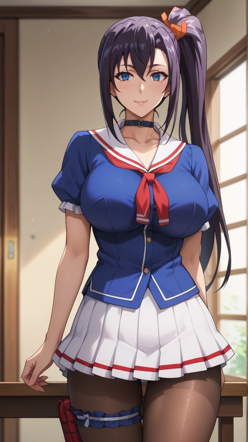perfect eyes:1.2, detailed eyes:1.4, Blue sailor collar, school uniform, skindentation, cowboy shot, pantyhose, serafuku, short sleeves, Red neckerchief, White shirt, Blue eyes, Purple hair, bangs, side ponytail, Hair ornament, 20yo, Young female, Beautiful Finger, Beautiful long legs, Beautiful body, Beautiful Nose, Beautiful character design, perfect balance, smile, 1girl, solo, (masterpiece:1.6, best quality), 8k, insane details, intricate details, hyperdetailed, hyper quality, high detail, ultra detailed, professional, HDR, ray tracing reflection, cinematic lighting,