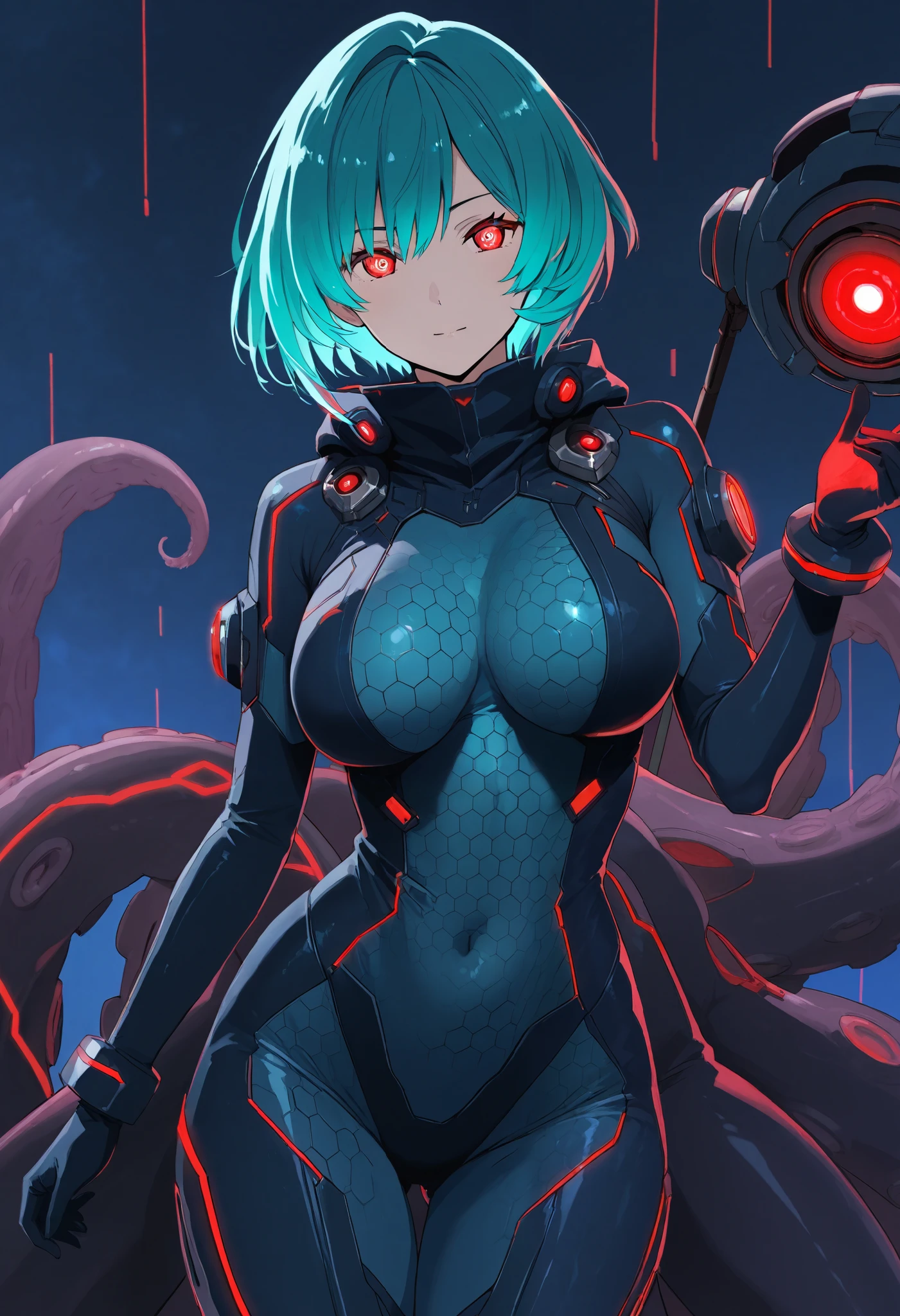 Scylla style girl. Sci-fi style bodysuit. Navy blue and black costume. Honeycomb pattern bodysuit. Black tentacles. Red glowing lines. Aqua colored hair. Short hair. Pert breasts.
