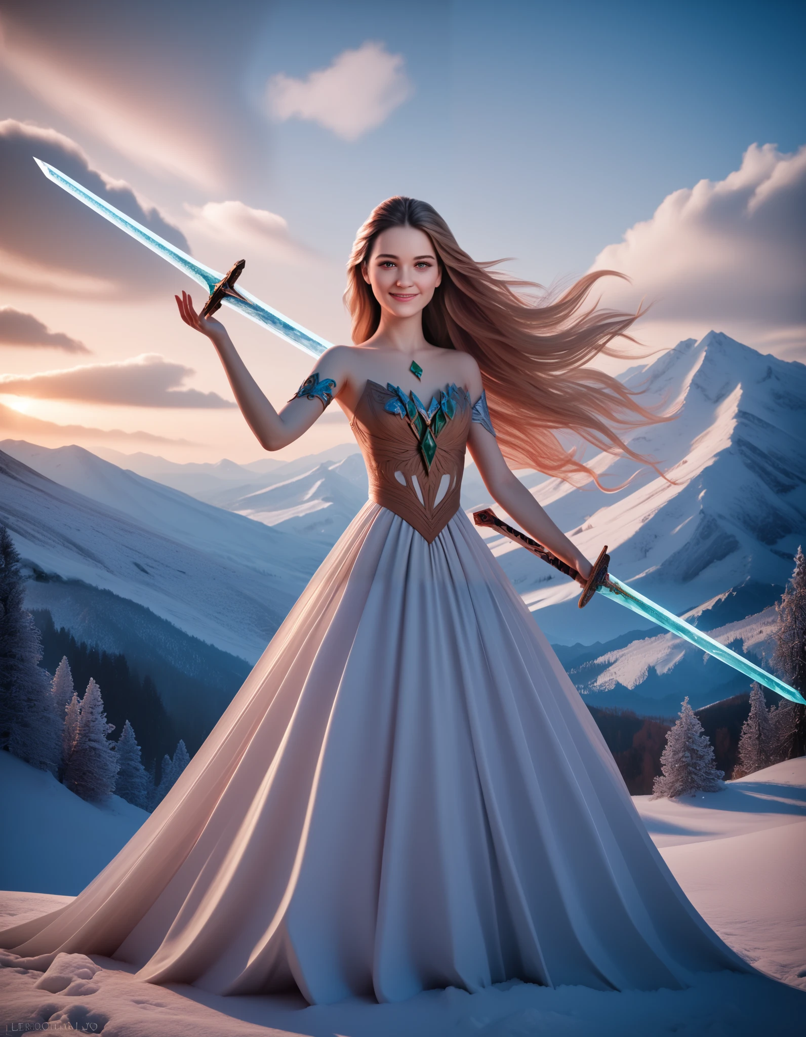A beautiful woman with long flowing hair wielding an ice rainbow flaming sword, dancing in a snowy landscape, wearing a flowing white dress, adorned with emerald jewels, her confident smiling face surrounded by swirling clouds against a mountainous backdrop, (best quality,4k,8k,highres,masterpiece:1.2),ultra-detailed,(realistic,photorealistic,photo-realistic:1.37),extremely detailed eyes and face,longeyelashes,intricate ice sword,dramatic lighting,moody atmospheric,fantasy,cinematic,digital painting