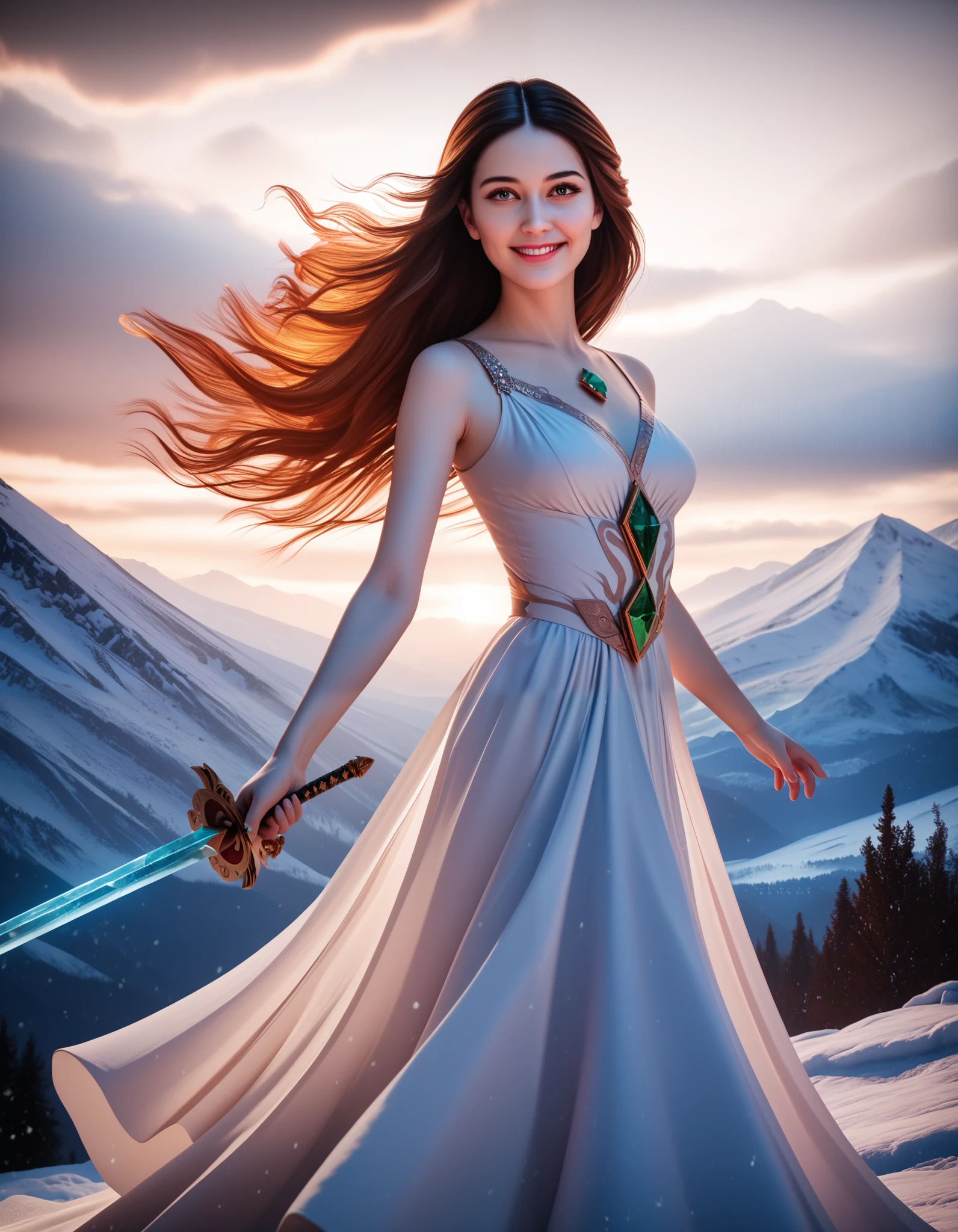 A beautiful woman with long flowing hair wielding an ice rainbow flaming sword, dancing in a snowy landscape, wearing a flowing white dress, adorned with emerald jewels, her confident smiling face surrounded by swirling clouds against a mountainous backdrop, (best quality,4k,8k,highres,masterpiece:1.2),ultra-detailed,(realistic,photorealistic,photo-realistic:1.37),extremely detailed eyes and face,longeyelashes,intricate ice sword,dramatic lighting,moody atmospheric,fantasy,cinematic,digital painting