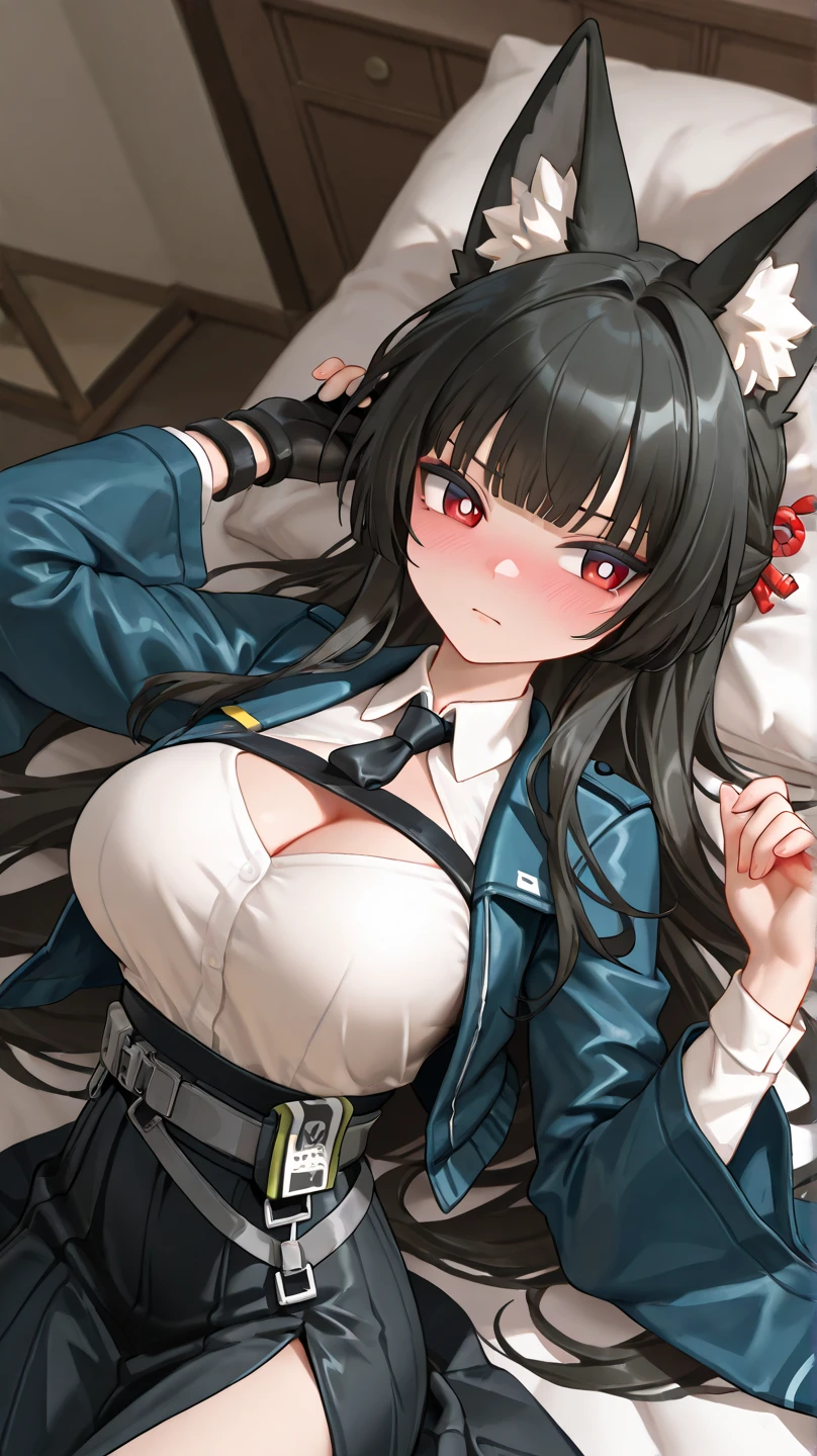 masterpiece、The best、1 female、 Bun bun、black hair、Shoulder leakage、big breasts、chubby、Smile、Black suspenders、lace leggingackpack,On campus,pose,Black jumpsuit,Fox girl,fox tails,