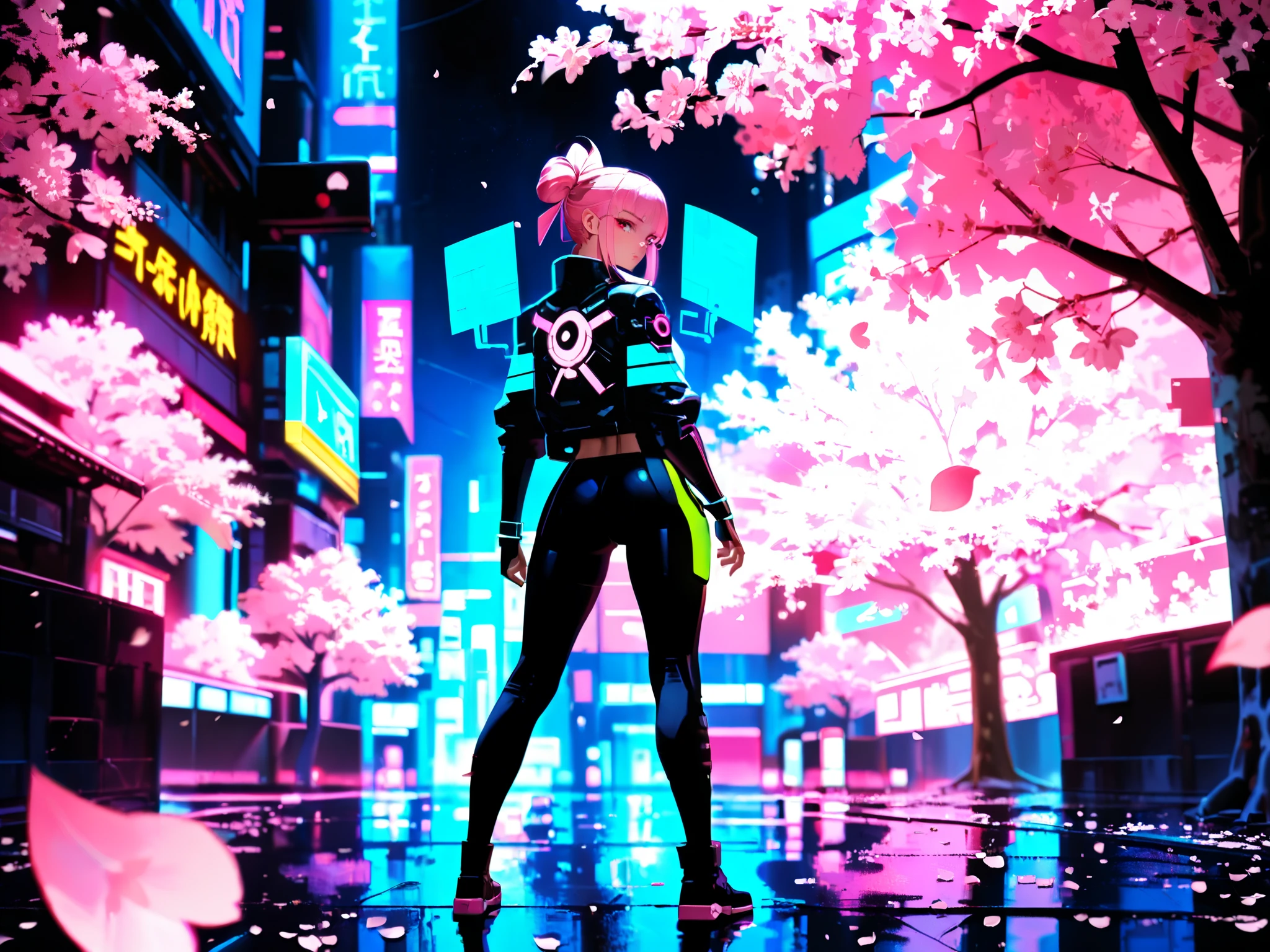 NeoNiILIK, arm0rpunkv4, a cascade of cherry tree petals, cherry trees, cherry tree holograms, cyberpunk, cyberpunk 2077, sakura, cherry blossom, digital, holograms, (pixel petals, hologram petals, digital petals), 1girl, standing, from behind, looks at viewer, street samurai, cyberware, masterpiece, best quality, amazing quality, very aesthetic, high resolution, hyper-detailed,