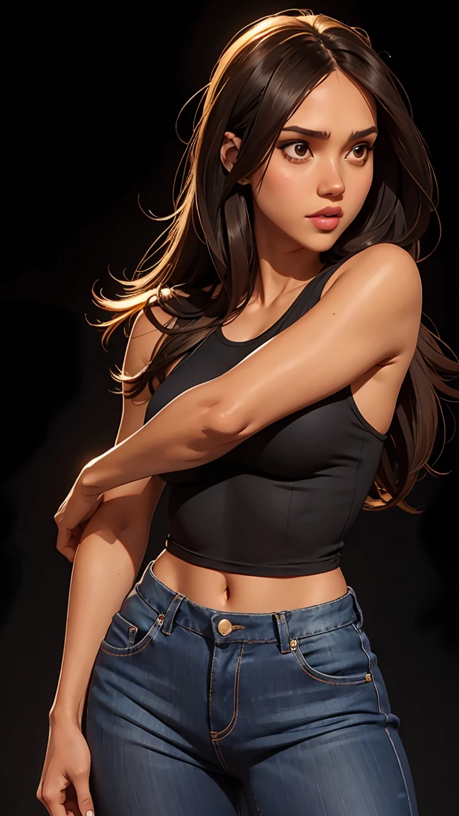 A girl is at a rave festival at night, wearing a bandeau top and toned shorts that accentuate her legs. The light rays from the LED screens and the stage create a cinematic lighting effect, making the scene look like a masterpiece. Her skin is perfect and her long hair is brightly colored, adding to the vibrant atmosphere of the festival. The camera focuses on his legs, which are toned and highlighted by the rays of light. Lens brightness and high-resolution textures