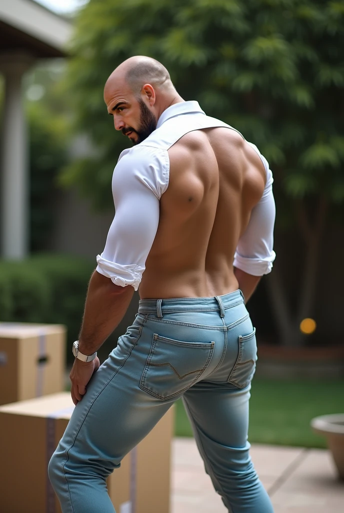 ((1 man only)) 30-year-old boy ,Japanese Kenta muscular male officer, facial hair bearded, ((dirty, riipped, navy blue military shirt and heavy boots,)) , ((unrealistic super big tight butt wearing dirty and ripped stained white underwear)), legs wide open, legs on shoulder, in a military war zone, war buildings, dusty, dark atmosphere