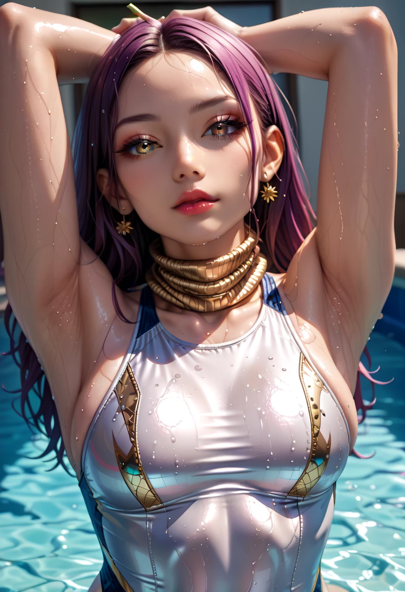 score_9, score_8_superior, score_7_superior,Beautiful woman, 18-year-old,
黒hair, 長いhair, Wearing a bikini, detailed skin texture and pores ,Beautiful mouth and face, Earrings, necklace,Big Breasts、Inji,One girl,alone,purple_hair,purple_eye,very_length_hair,gray_hair,Braiding_ponytail,big_chest,Slope_hair,