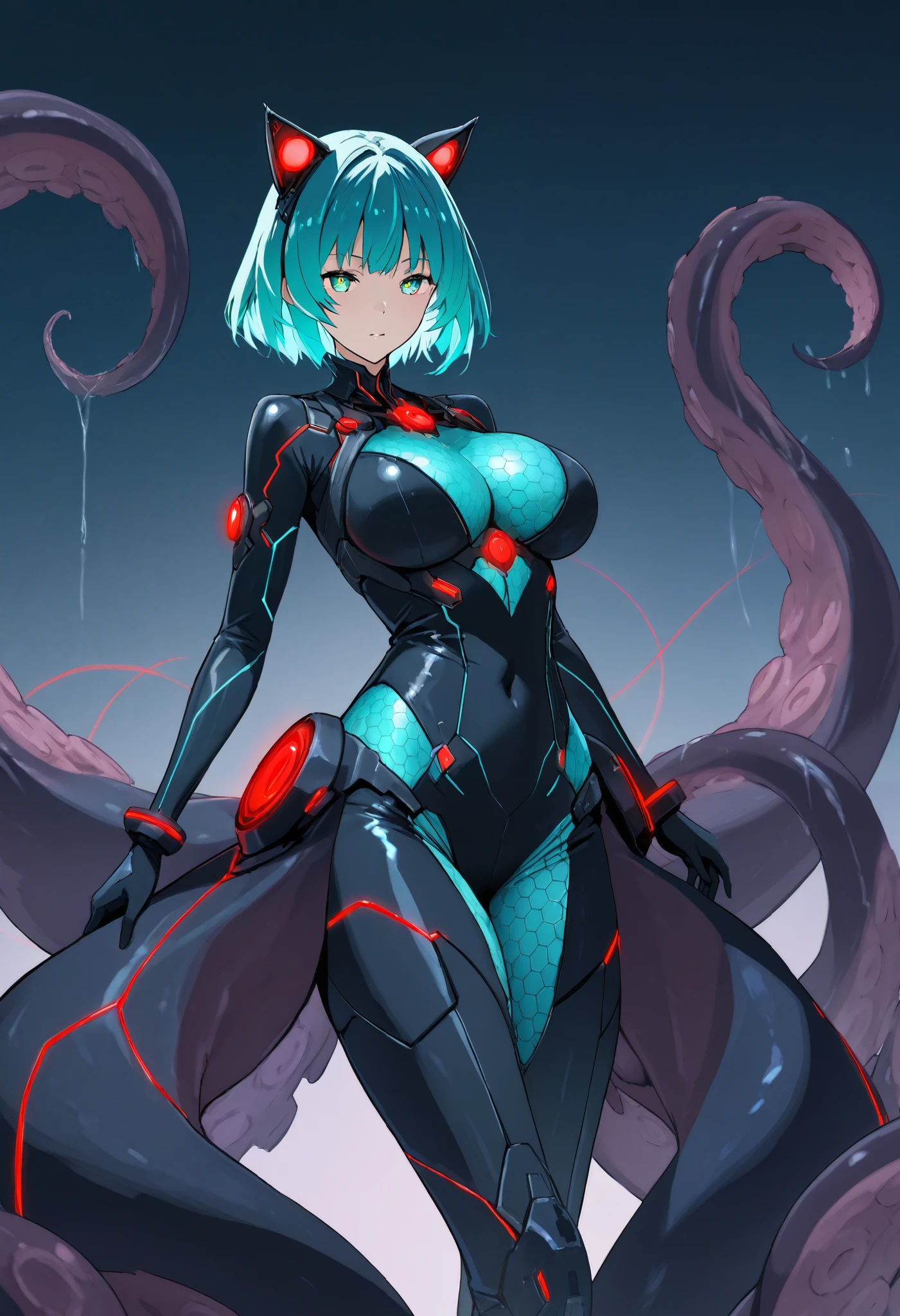 Scylla style girl. Sci-fi style bodysuit. Navy blue and black costume. Honeycomb pattern bodysuit. Black tentacles. Red glowing lines. Aqua colored hair. Short hair. Mechanical cat ears. Pert breasts.