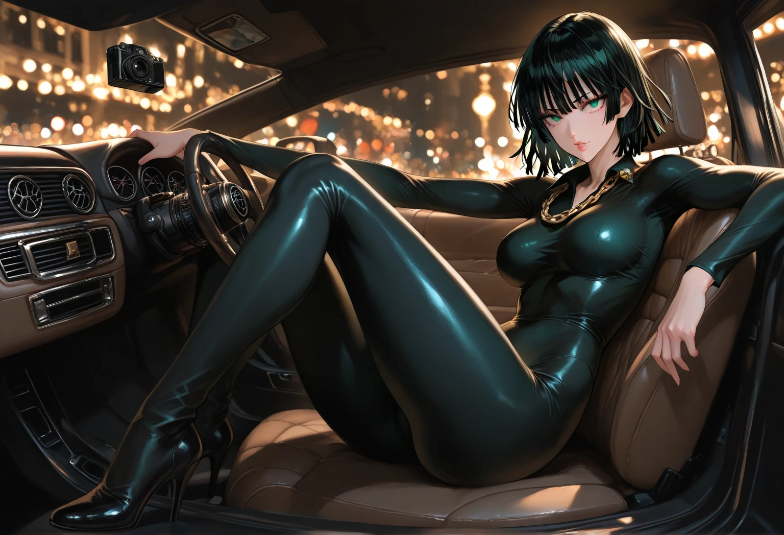 perfect and beautiful face, beautiful girl in black and golden pointed toe stiletto knee high boots, standing beside a supercar ,, leatgher gloves on, big breasts and buts