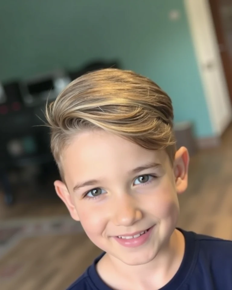 Kid  boy with blonde hair with blue eye The side-parted comb-over