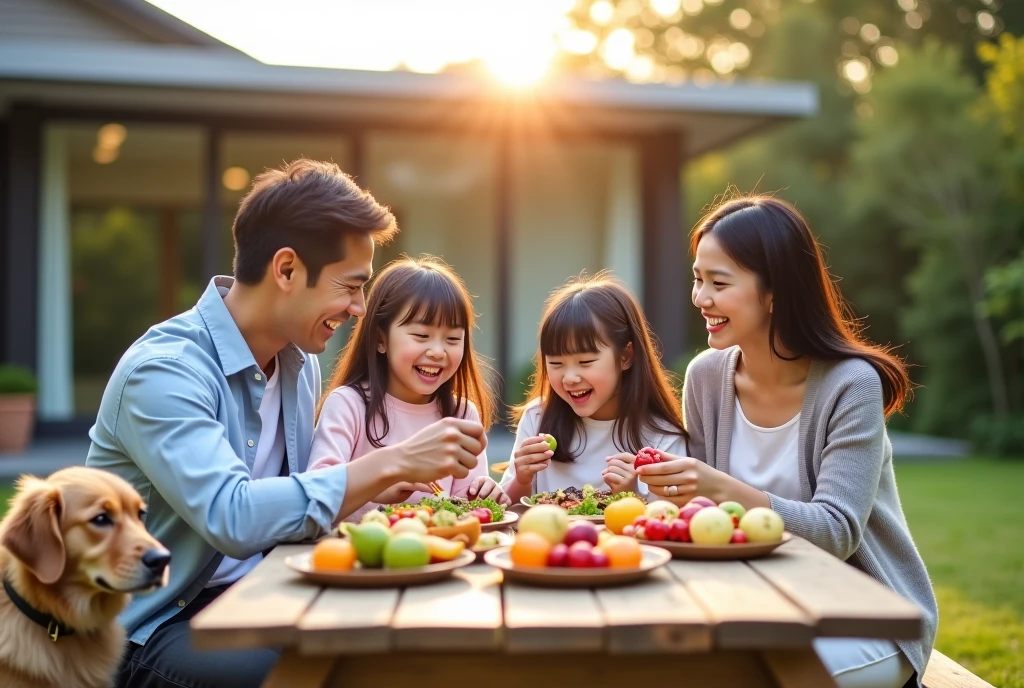 Create an image of a happy girl ,while eating with his mom and dad,outside your house and in the background that are surrounded by trees 
