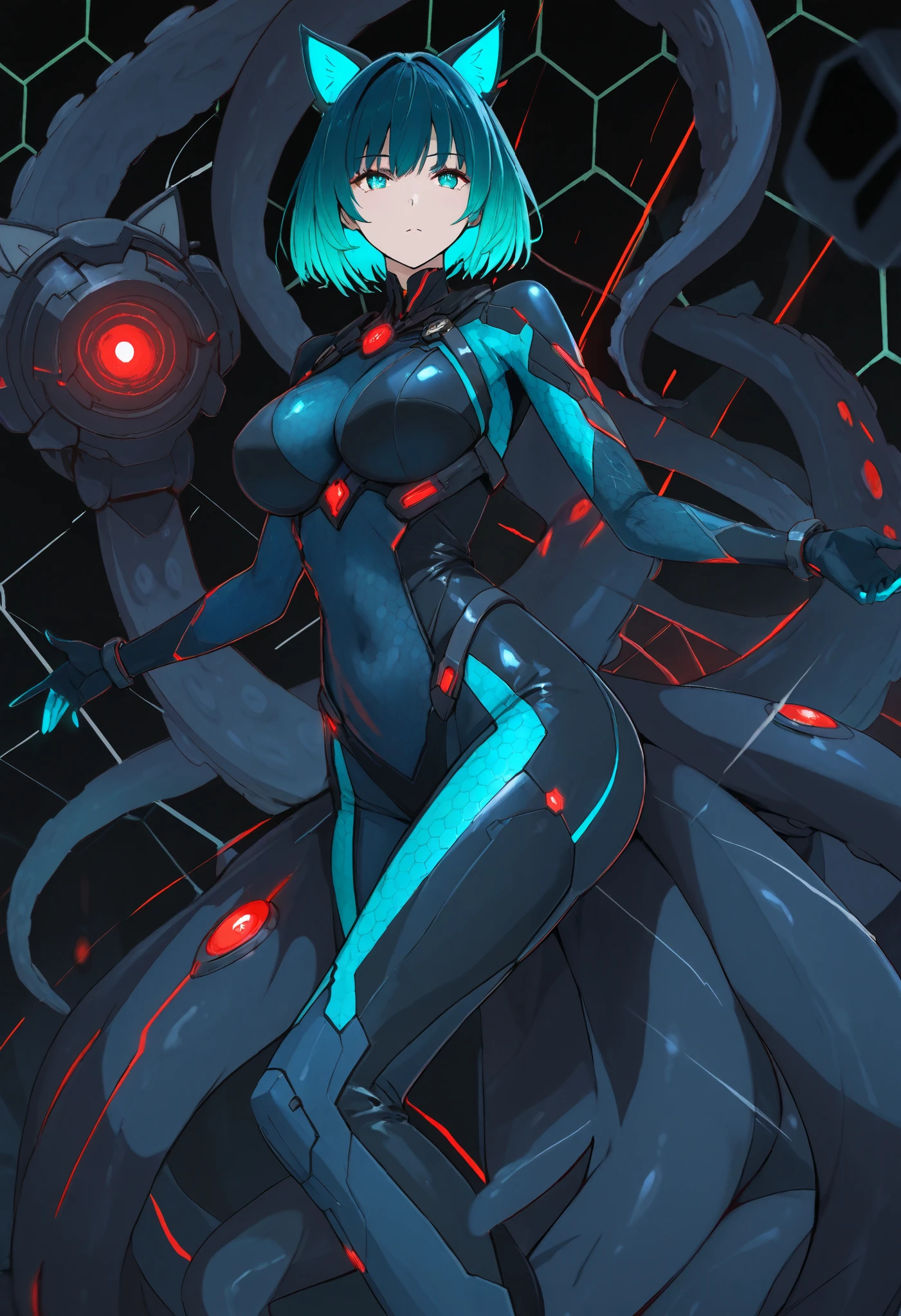 Scylla style girl. Sci-fi style bodysuit. Navy blue and black costume. Honeycomb pattern bodysuit. Black tentacles. Red glowing lines. Aqua colored hair. Short hair. Mechanical cat ears. Pert breasts.