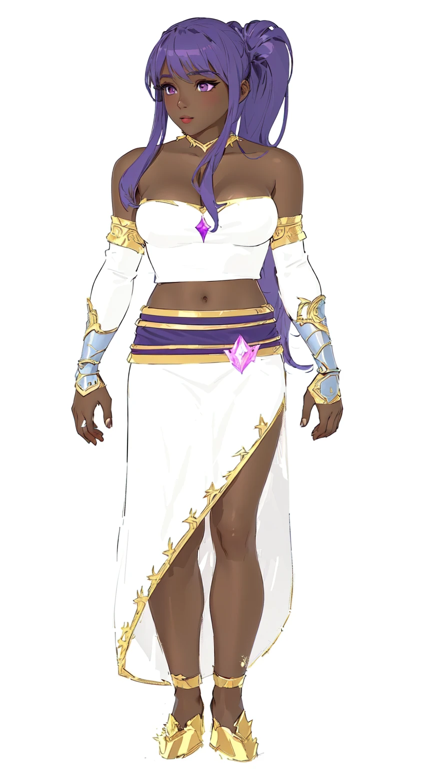 Appearance
Gender: Female
Age: Mature
Race: Drow (elf with dark skin and white hair)
Height: Full-body
Skin: Gray
Skin: Gray
Background: Plain Gray
Eyes: Purple
Attire: Bikini, revealing abdominal muscles
Accessories: Large earrings, ragged rags, chain necklace