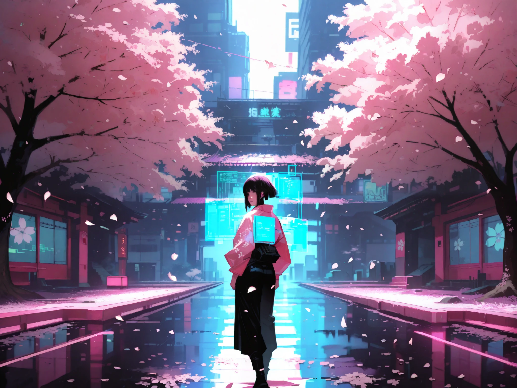NeoNiILIK, arm0rpunkv4, a cascade of cherry tree petals, cherry trees, cherry tree holograms, cyberpunk, cyberpunk 2077, sakura, cherry blossom, digital, holograms, (pixel petals, hologram petals, digital petals), 1girl, standing, from behind, looks at viewer, street samurai, cyberware, masterpiece, best quality, amazing quality, very aesthetic, high resolution, hyper-detailed, detailed, anime, enhancer, high detailed face,
