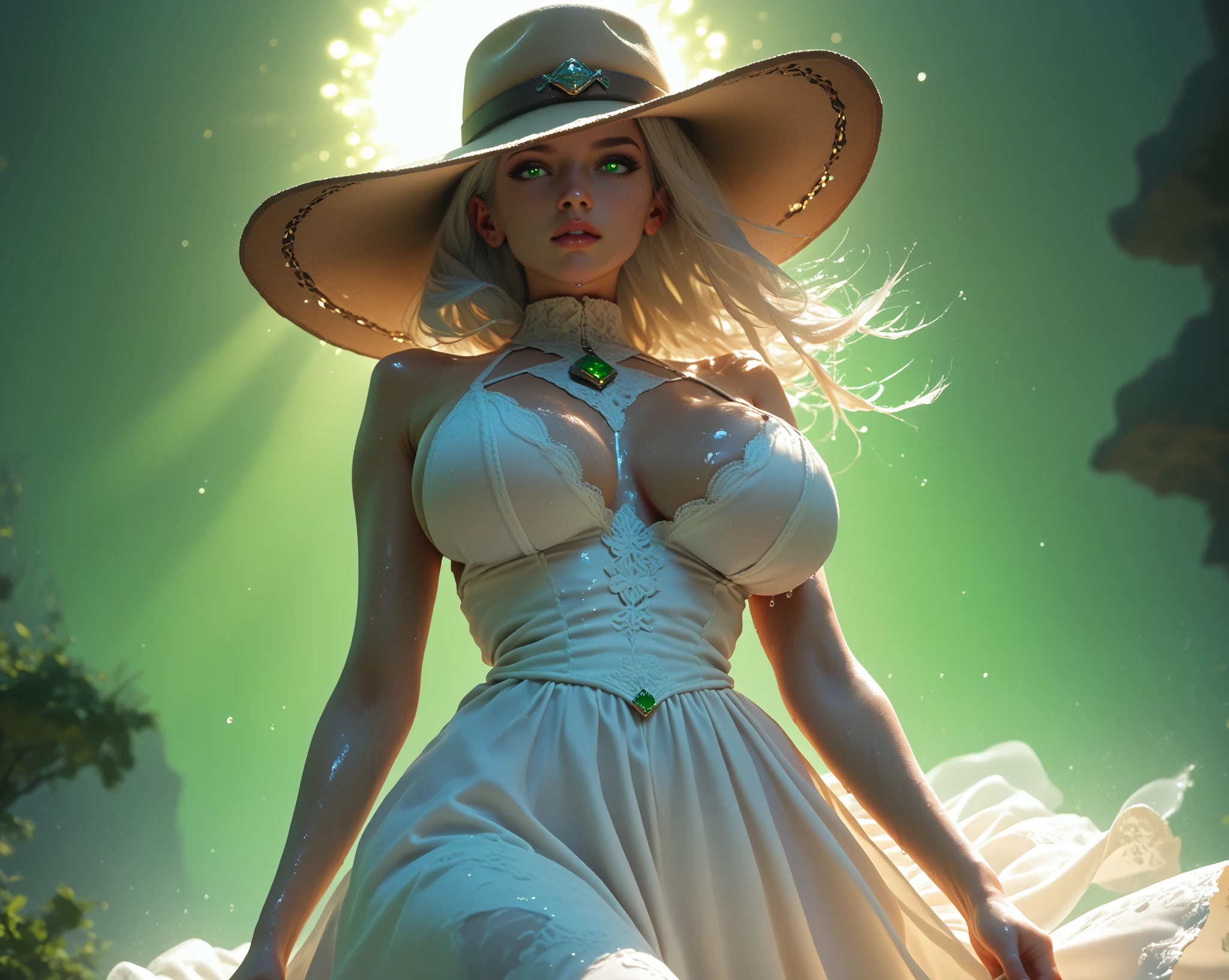peasant girl, 1girl, perfect and well designed shiny eyes, (glowing white light eyes), (beautiful detailed eyes:1.05), (big breasts), (standing nipples under cloth:1.2), slim body, beautiful and delicate face, (face detail), fair skin, detailed skin, realistic skin, medium length hair, hair voluminous, super high resolution, 8k, parameters Best quality, (masterpiece:1.4), (magic accessories:1.4), white extremely detailed ((pleated skirt dress:1.3),(silk summer minidress:1.3), lacy, (wrap dress:1.5)), {(lycra camisole:1.3)|(lycra kimono:1.4)}, (light wrap clothing:1.4), (neckline:1.3), (cleavage), naked collarbone, (naked navel), (wet:1.1), ultra detailed, photorealistic, (best quality:1.4), super high resolution, (Realistic 1.4), More details, (portrait, full body), (((1girl))), (witchcraft:1.7), (magic energy flows and sparkles:1.3), {((castle, stronghold) city:1.2)|hills|((vegetation:1.2) fields with village on background:1.1)}, (large runic stones:1.4), (beautiful and aesthetic:1.2), (fractal art:1.4), (cinematic light:1.1), 16K, HDR, RTX, Ray Tracing, Radiosity, Anisotropic Filtering, Subsurface Scattering, (magic lights), futuristic, metallic reflections, vibrant colors, (((seductive sitting on grass)))