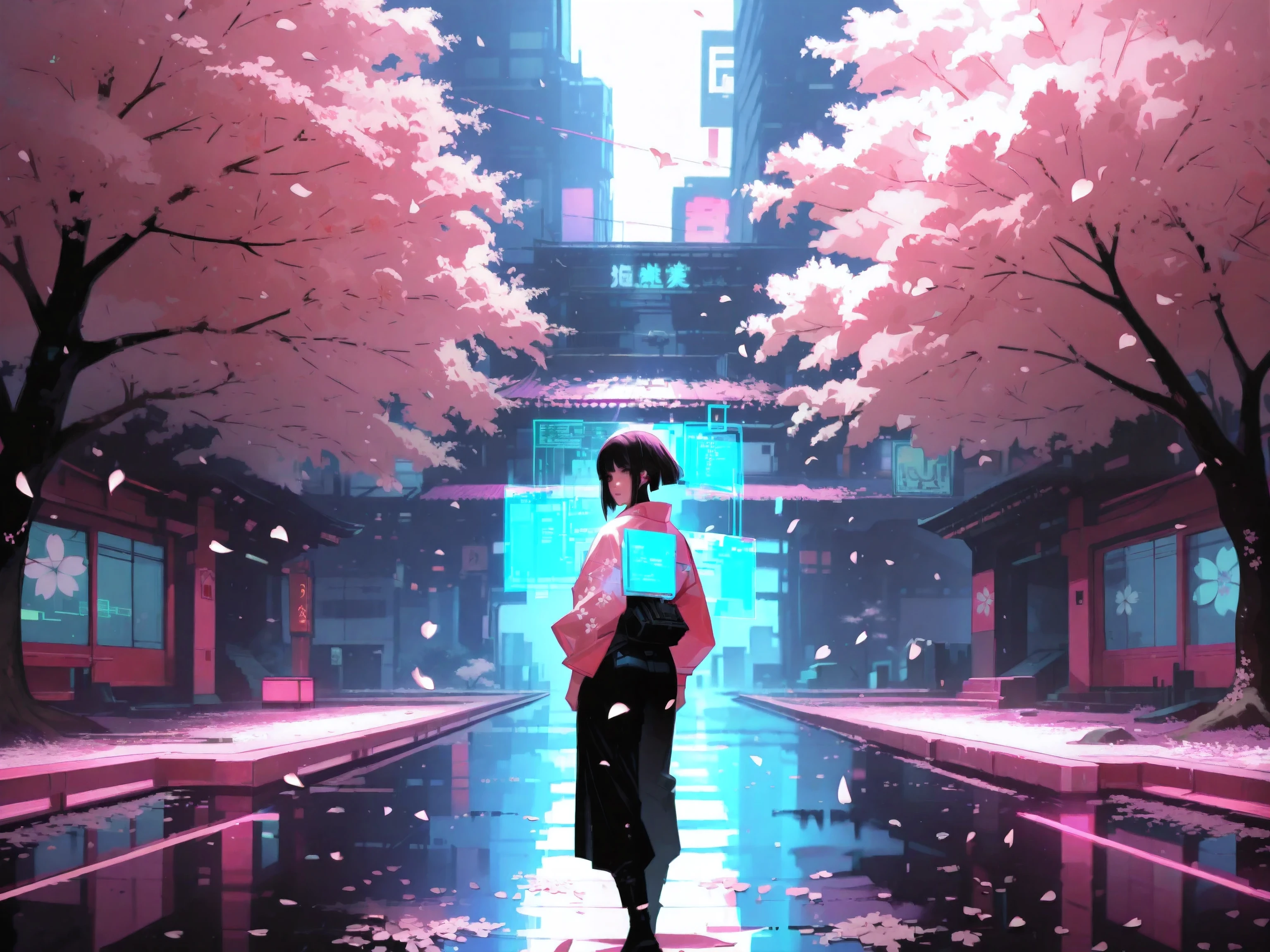 NeoNiILIK, arm0rpunkv4, a cascade of cherry tree petals, cherry trees, cherry tree holograms, cyberpunk, cyberpunk 2077, sakura, cherry blossom, digital, holograms, (pixel petals, hologram petals, digital petals), 1girl, standing, from behind, looks at viewer, street samurai, cyberware, masterpiece, best quality, amazing quality, very aesthetic, high resolution, hyper-detailed, detailed, anime, enhancer, high detailed face,