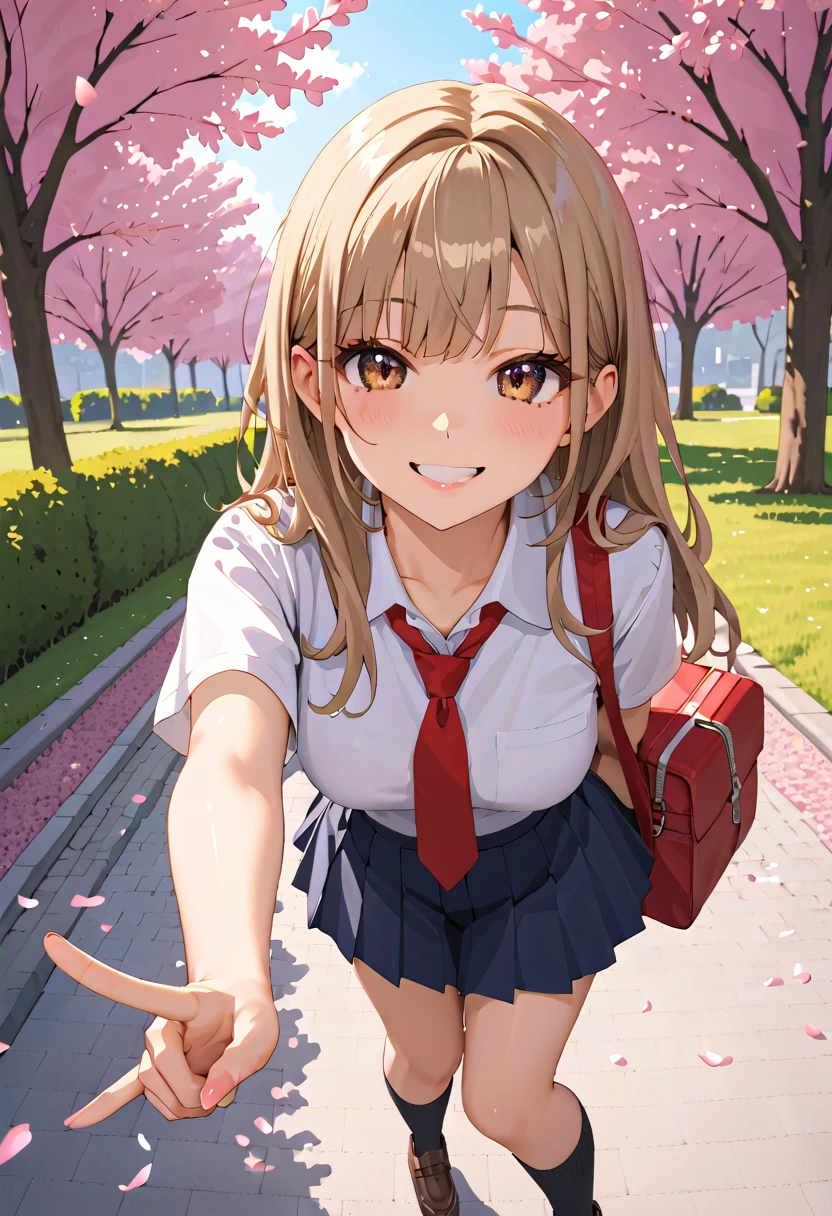 (from back: 1.5), cherry blossoms in full bloom, ((masterpiece)), (best quality)), (very detailed), ((cute)), cute, (shiny skin: 1.5), ()), (device), ((very detailed)), 4K, (8k), top quality, (beautiful), hyper cute face, shape, anime style, hyper authentic, authentic, dynamic angle, ((full body)), close, thick outline, clear contours, at the park, (3 girls, 3 cute girls: 1.5), (high school girl uniform: 1.5), beautiful light brown hair, beautiful brown eyes, ((beautiful)), (pointing at the ), medium long hair, big , smile, (((beautiful thigh: 1.3))), short too pleated skirt: 1.3, software, embarrassing